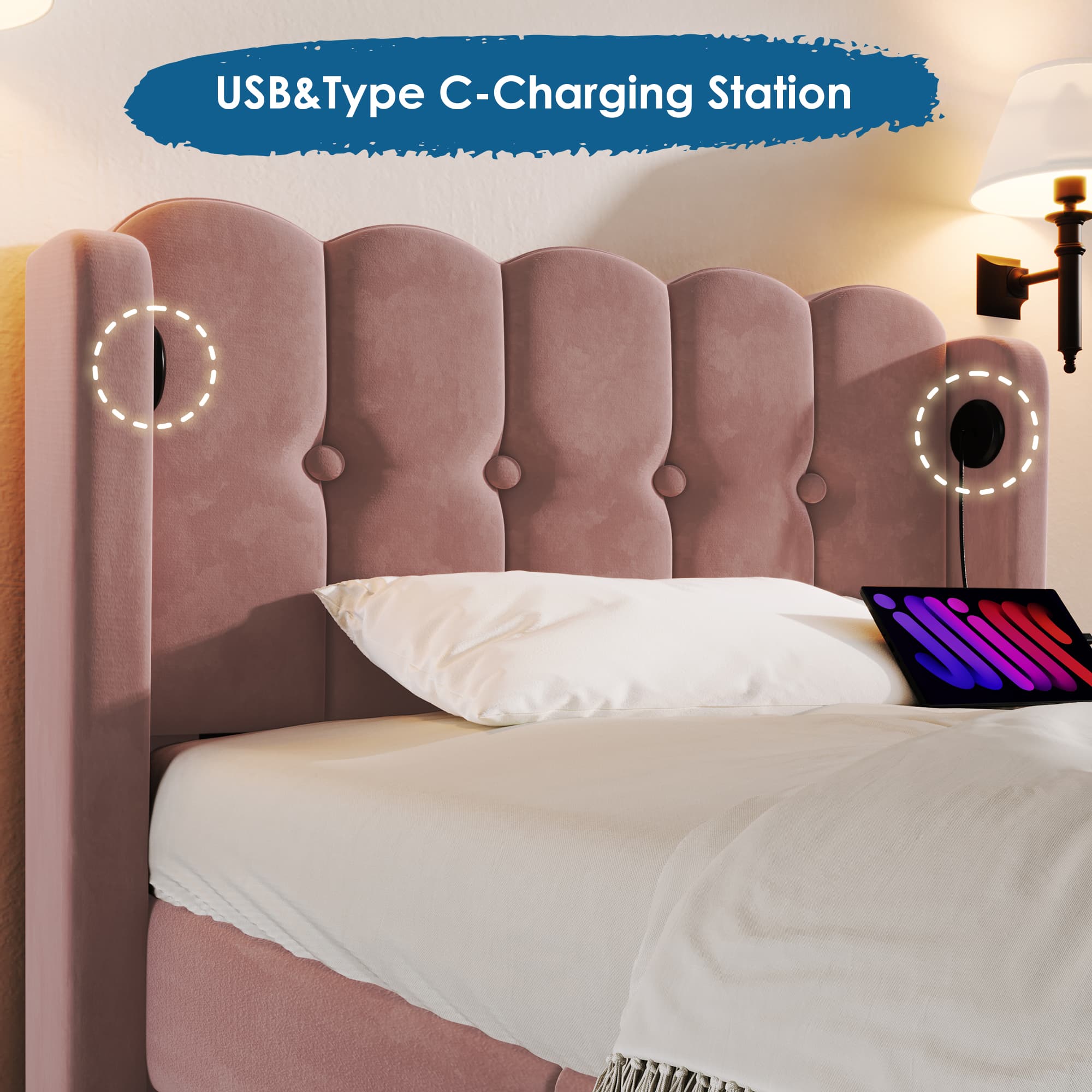 Upholstered Pink Velvet Single Bed with Built-in Charging Ports - image 4