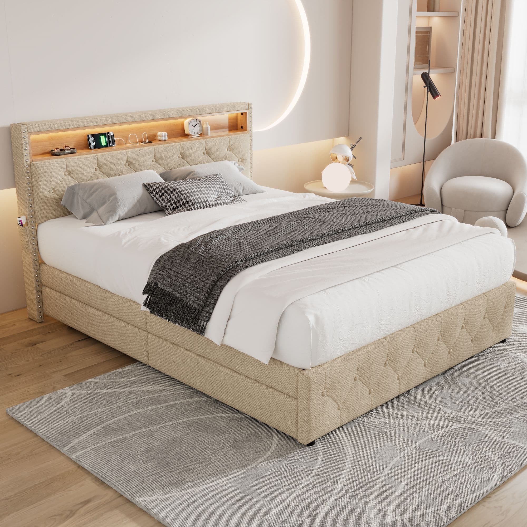 Beige Linen Upholstered Double Bed with Storage & LED Headboard - image 4