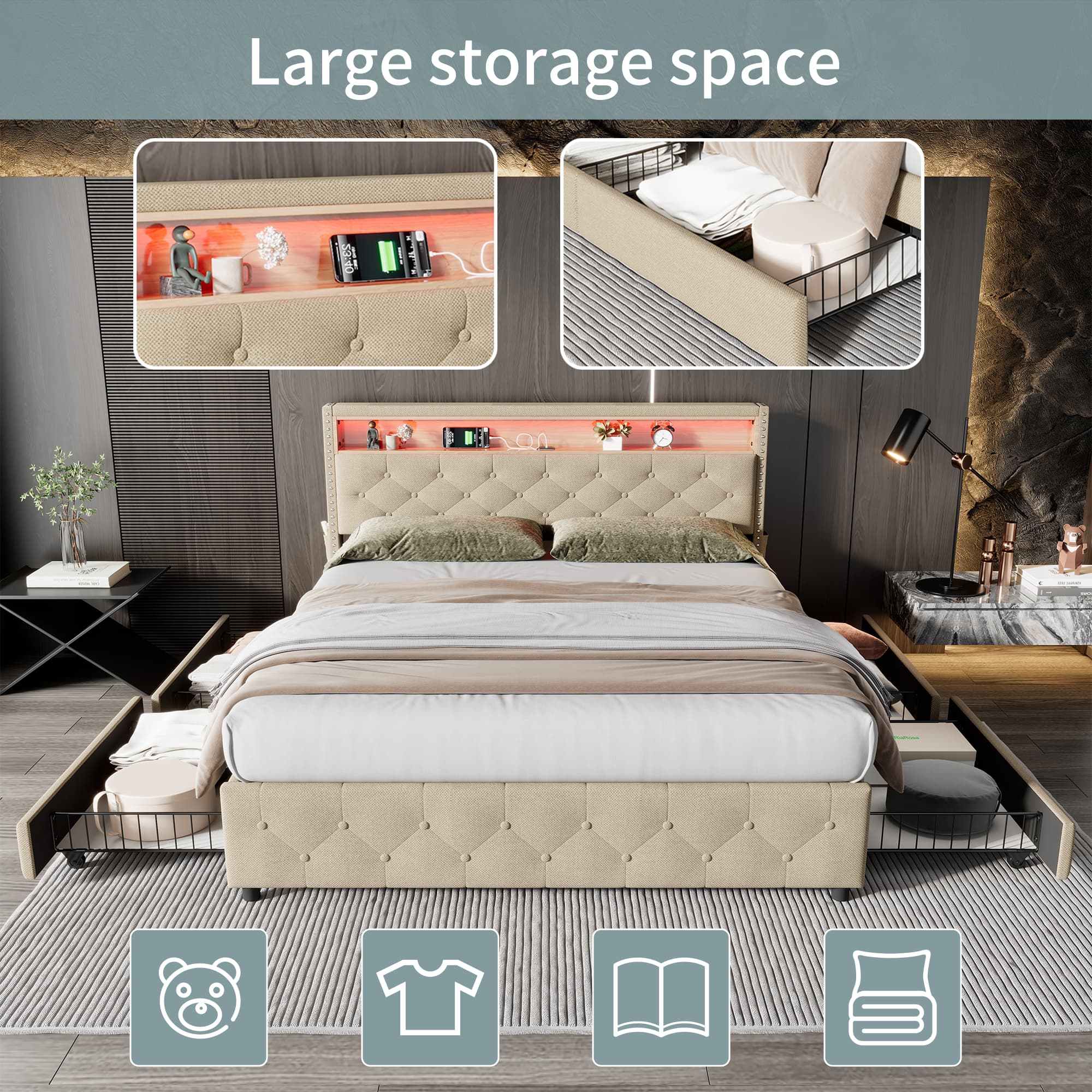 Beige Linen Upholstered Double Bed with Storage & LED Headboard - image 5