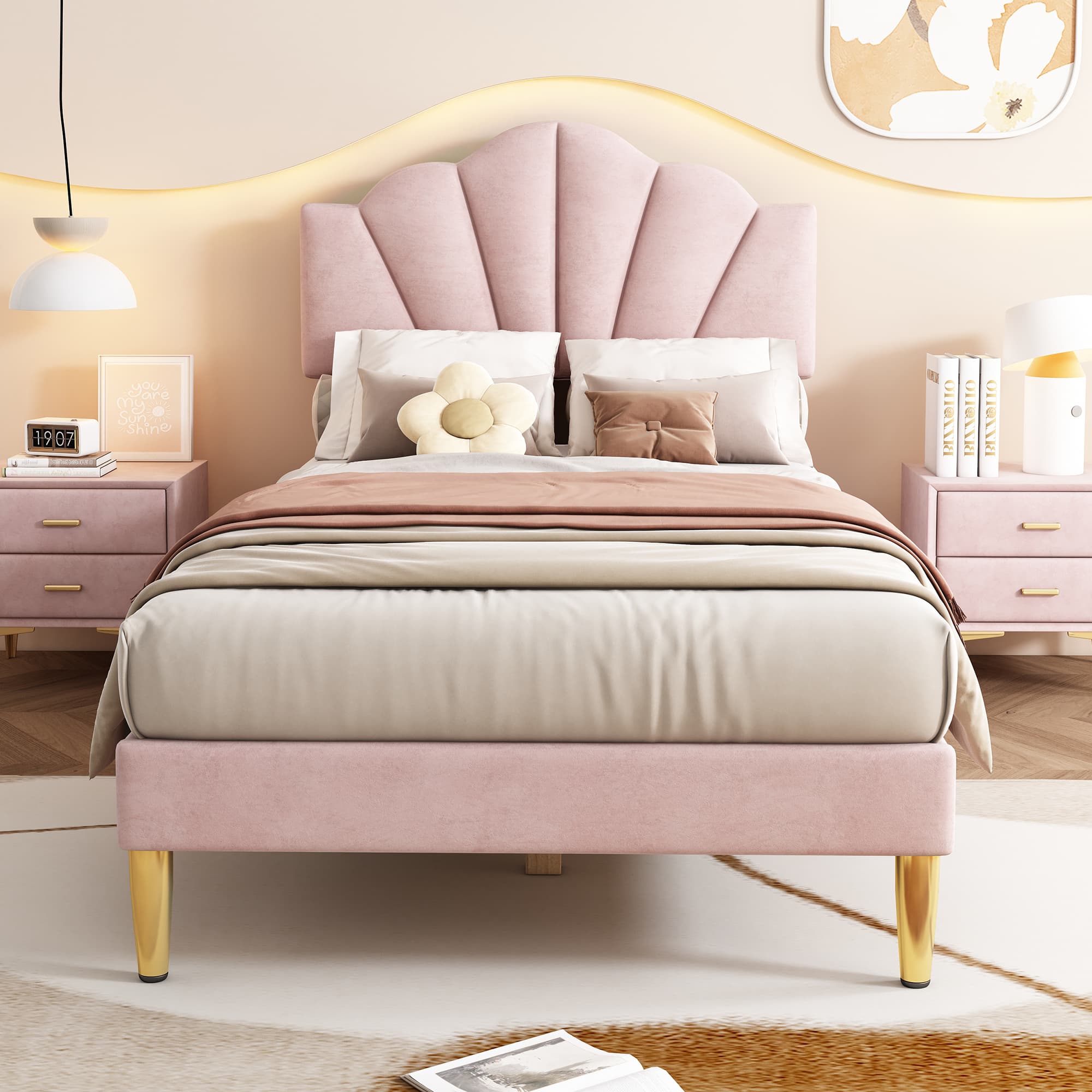 Velvet Shell Bed with Matching Storage Bench in Pink - image 1