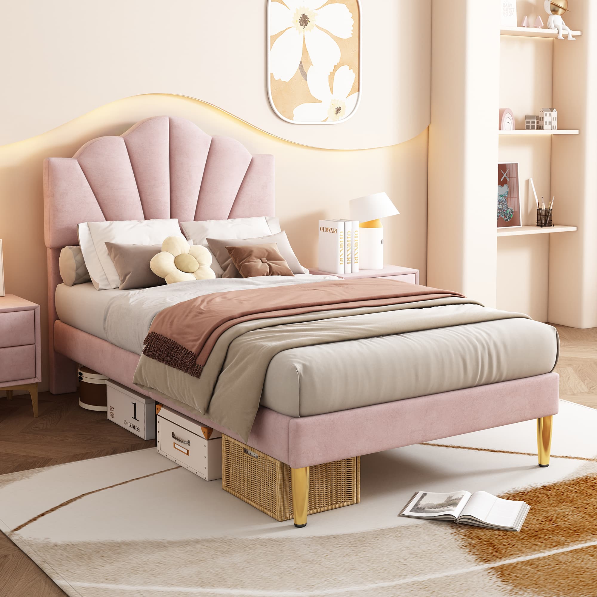 Velvet Shell Bed with Matching Storage Bench in Pink - image 2