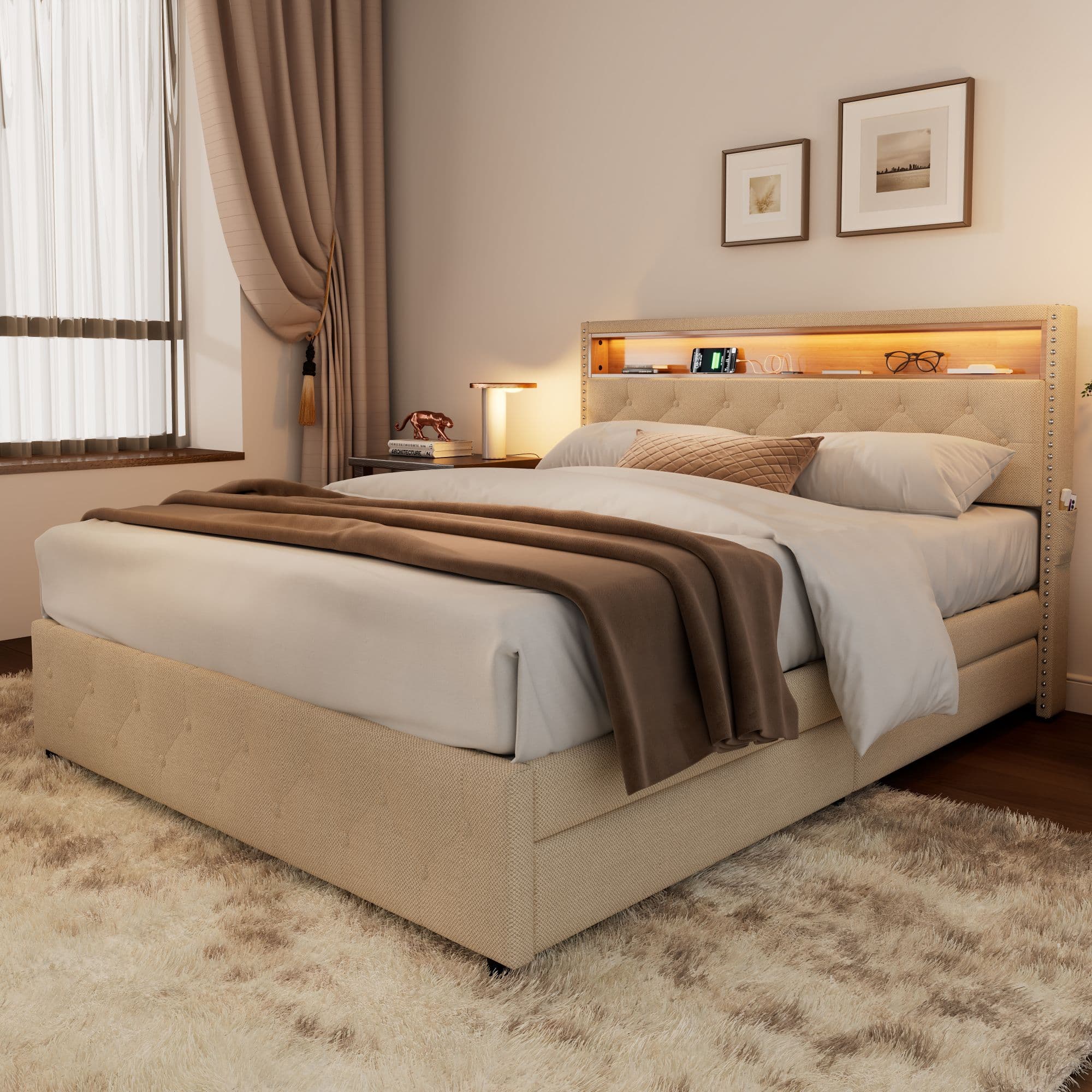 Beige Linen Upholstered Double Bed with Storage & LED Headboard