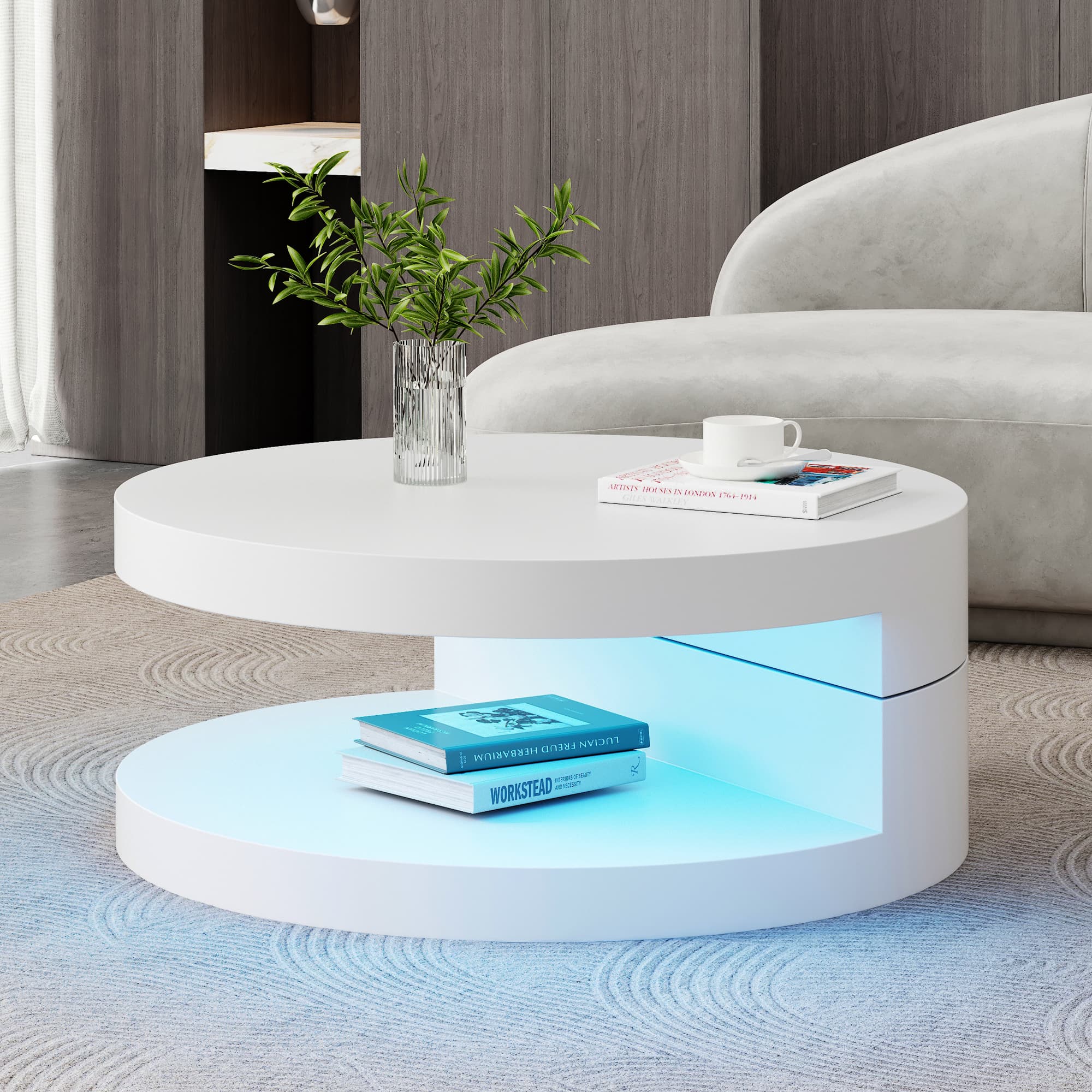 White Rotating Round Coffee Table with LED Lighting - White
