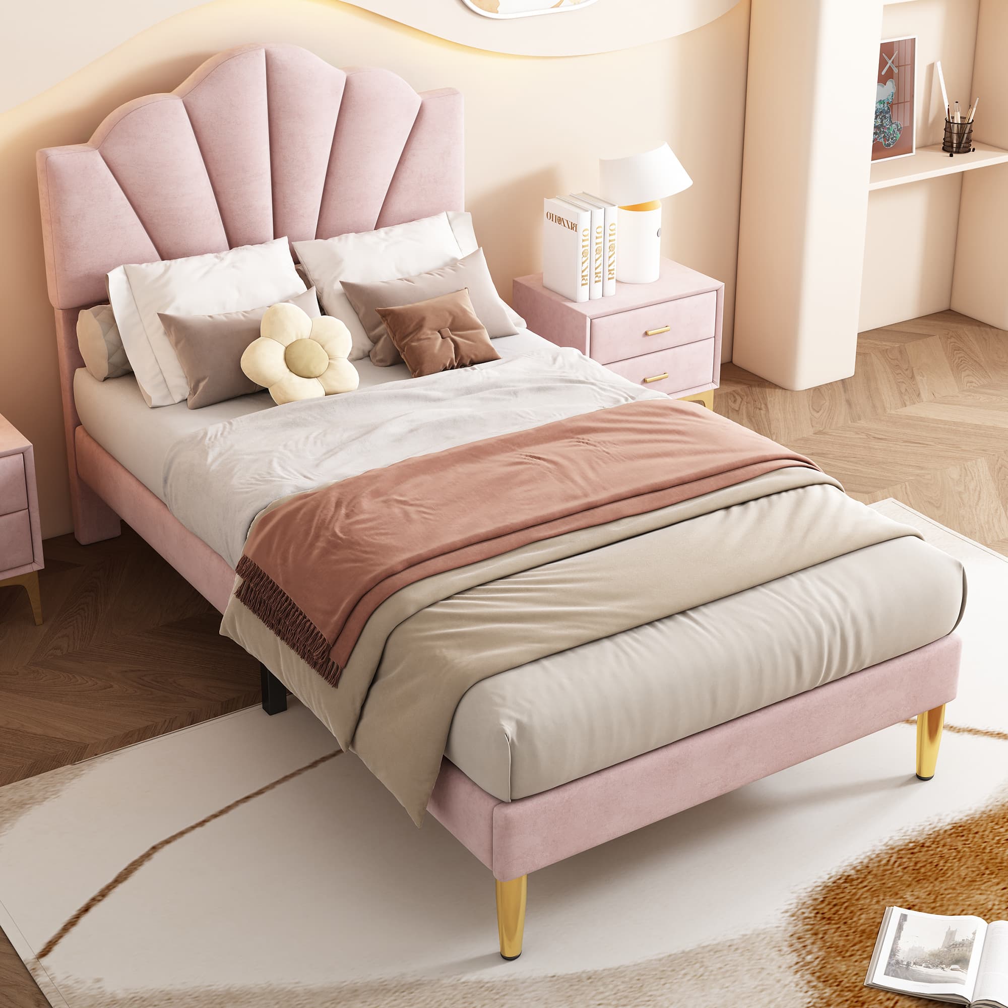 Velvet Shell Bed with Matching Storage Bench in Pink - image 3