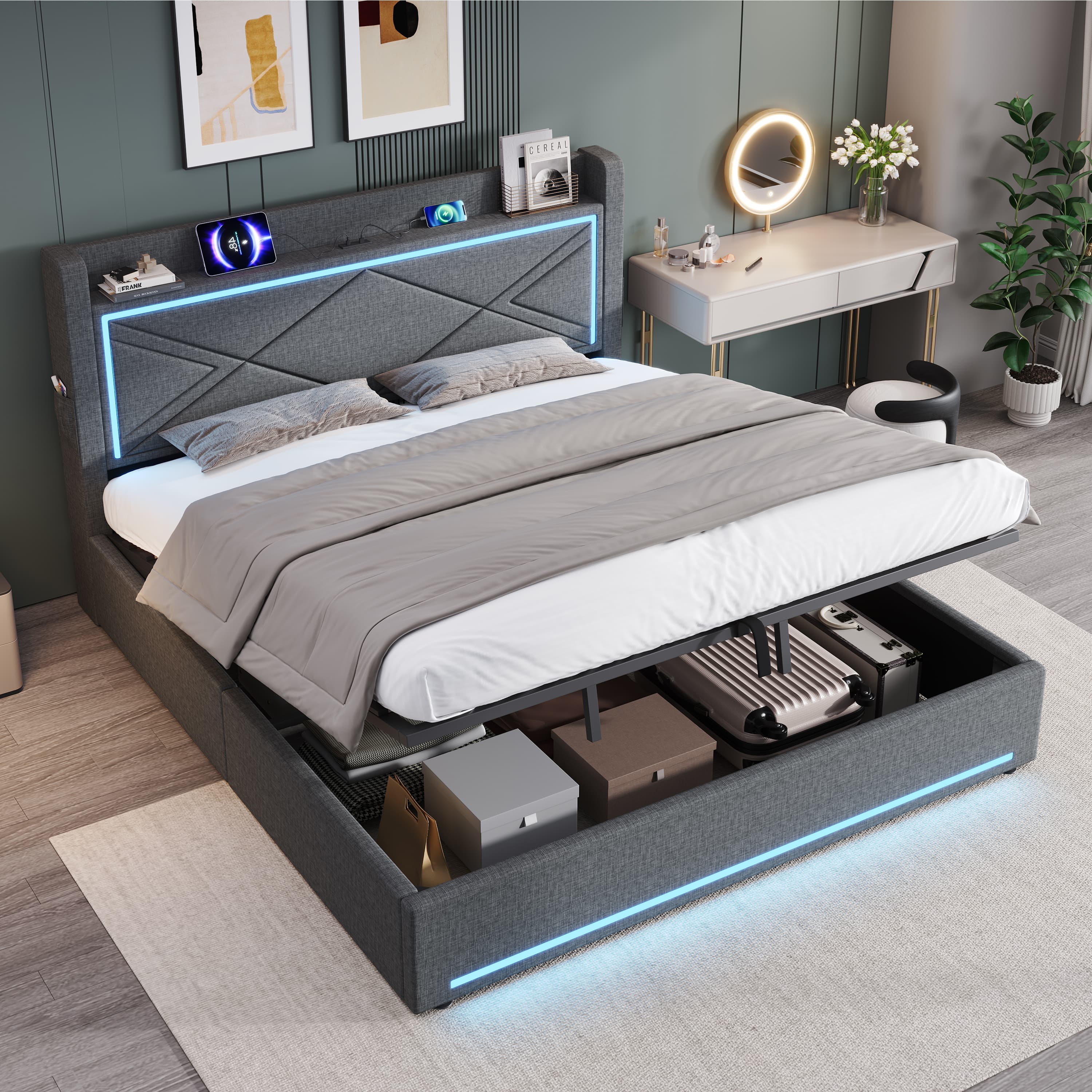 Upholstered Super King Ottoman Bed with LED Lighting & USB Charging - image 3