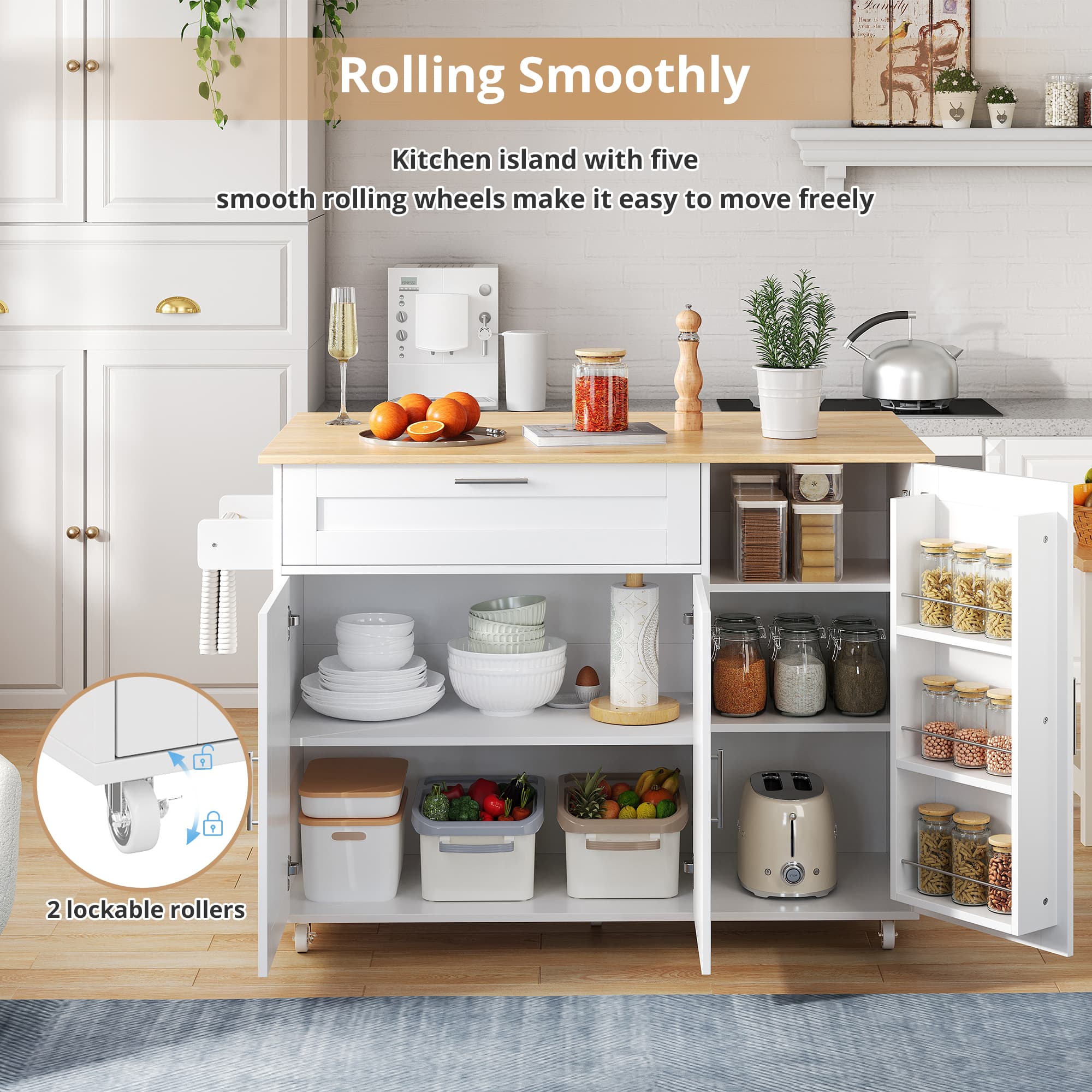 Rolling Kitchen Island Cart with Drop-Leaf Top & Storage - image 3