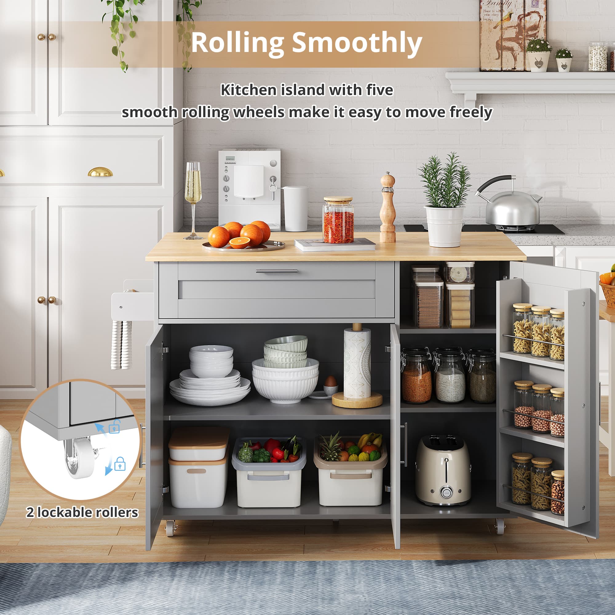 Grey Mobile Kitchen Island with Foldable Oak-Effect Countertop - image 5