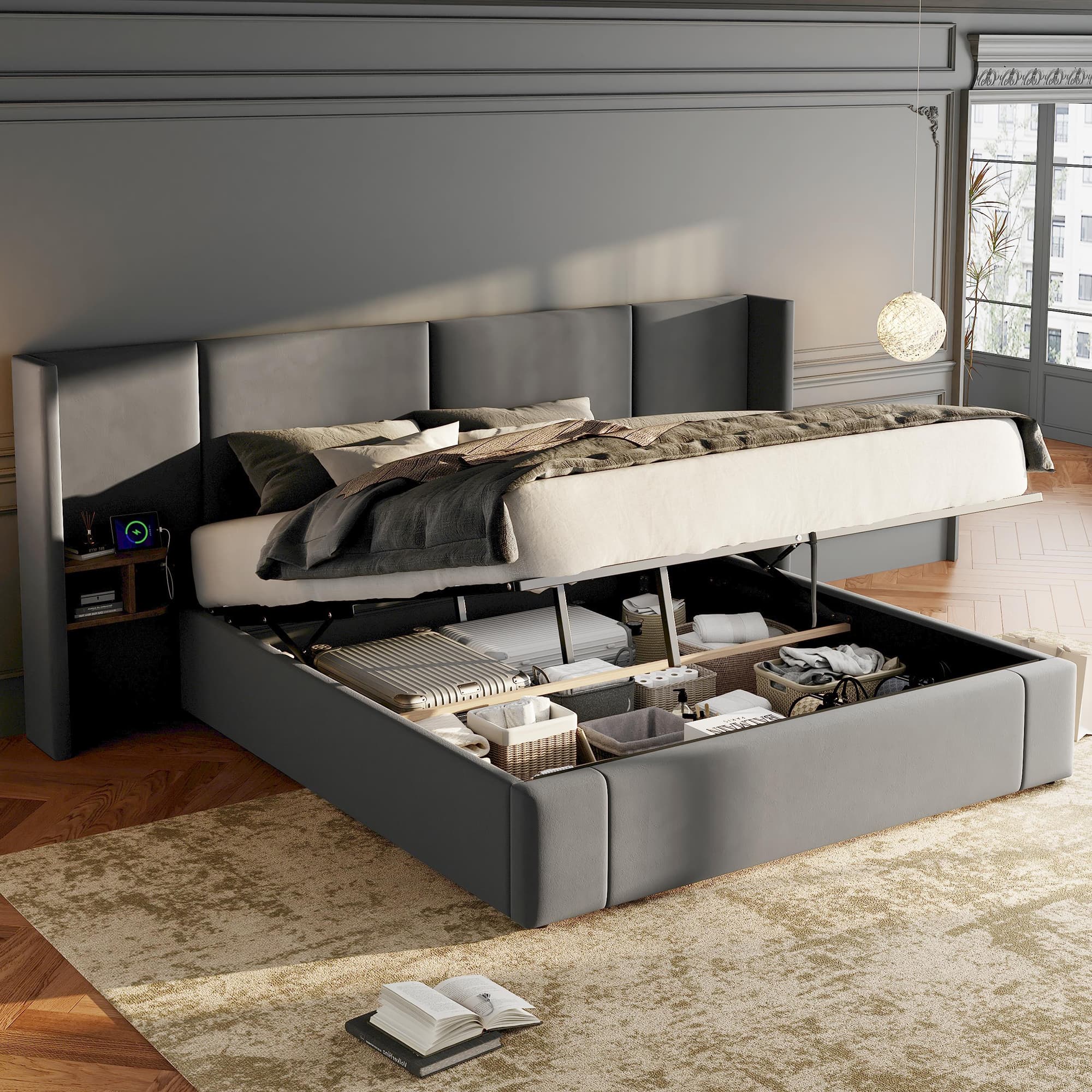 Upholstered King Size Ottoman Bed in Grey Velvet with USB Ports & Sockets - image 3