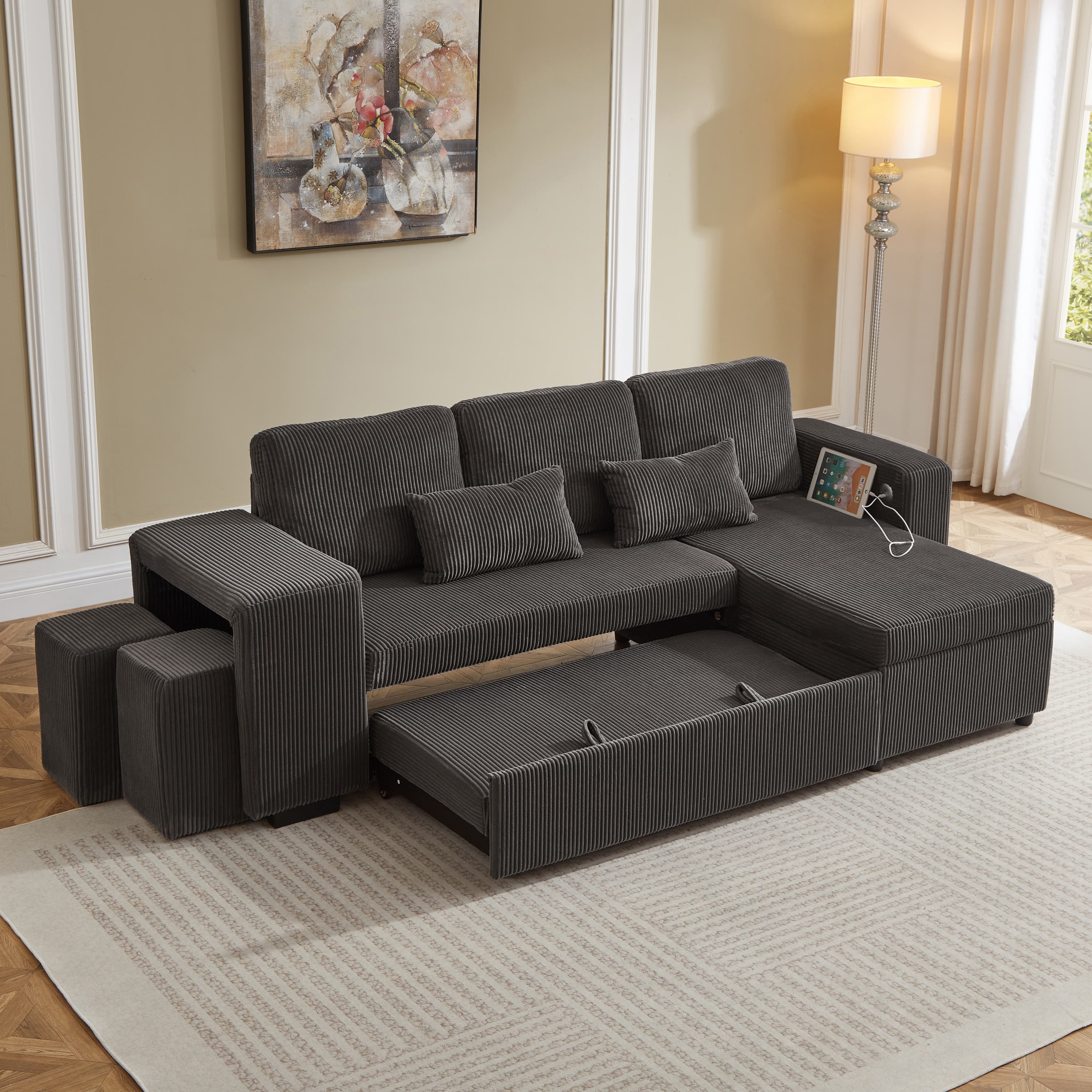 Modern Convertible L-Shaped Sofa Bed with Storage Chaise - image 4