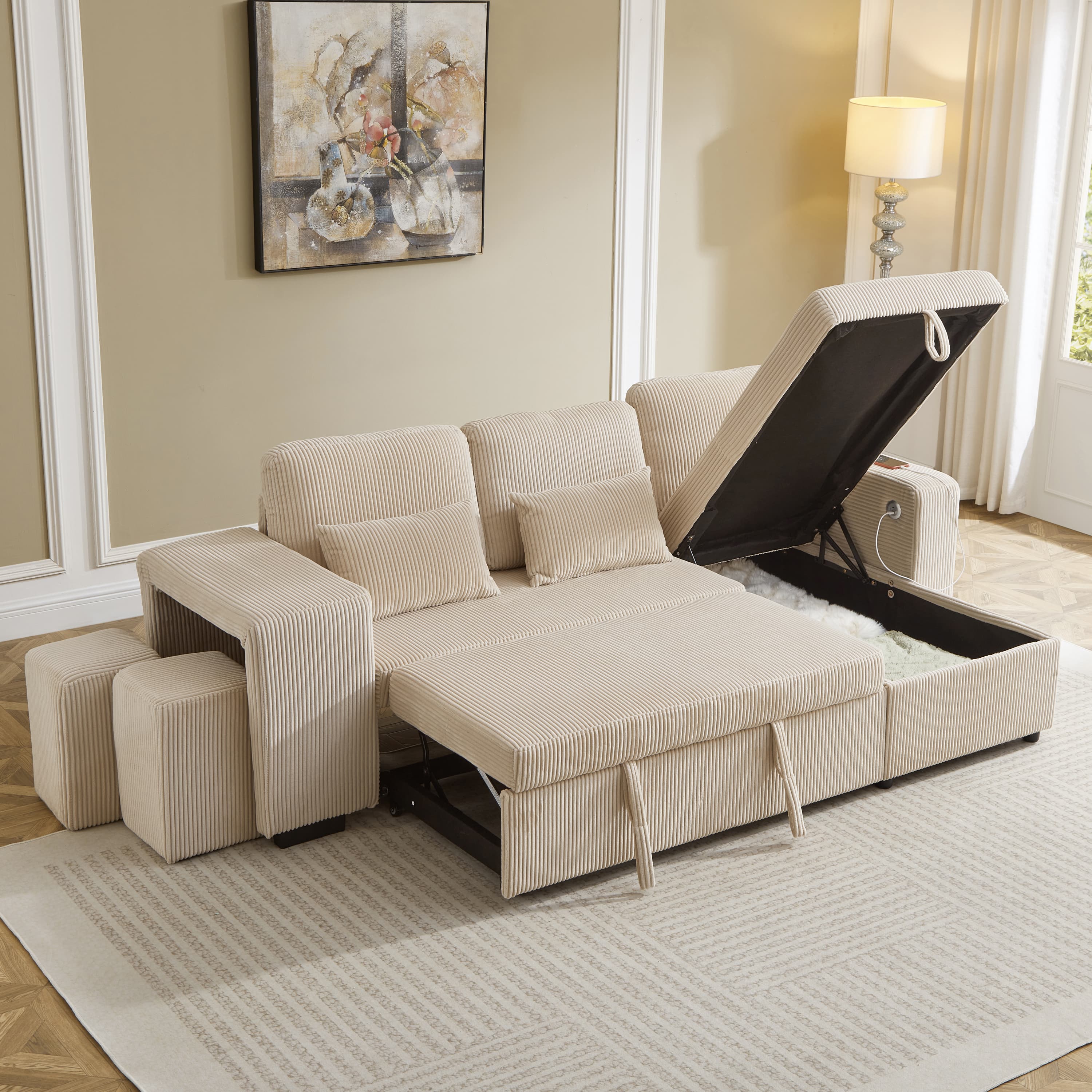 Modern 3-in-1 Convertible L-Shaped Sofa Bed in Beige Corduroy - image 3
