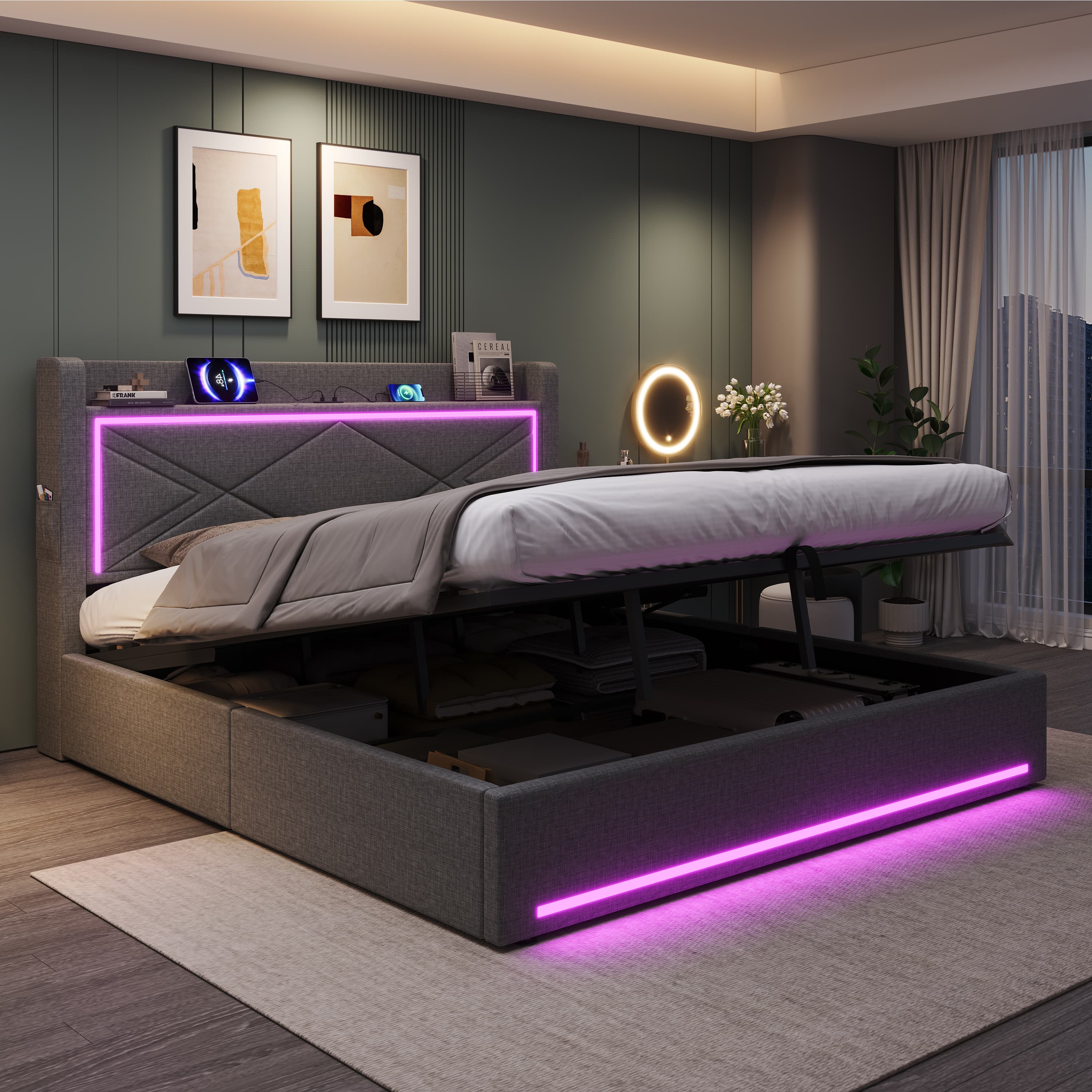 Upholstered Super King Ottoman Bed with LED Lighting & USB Charging - image 4