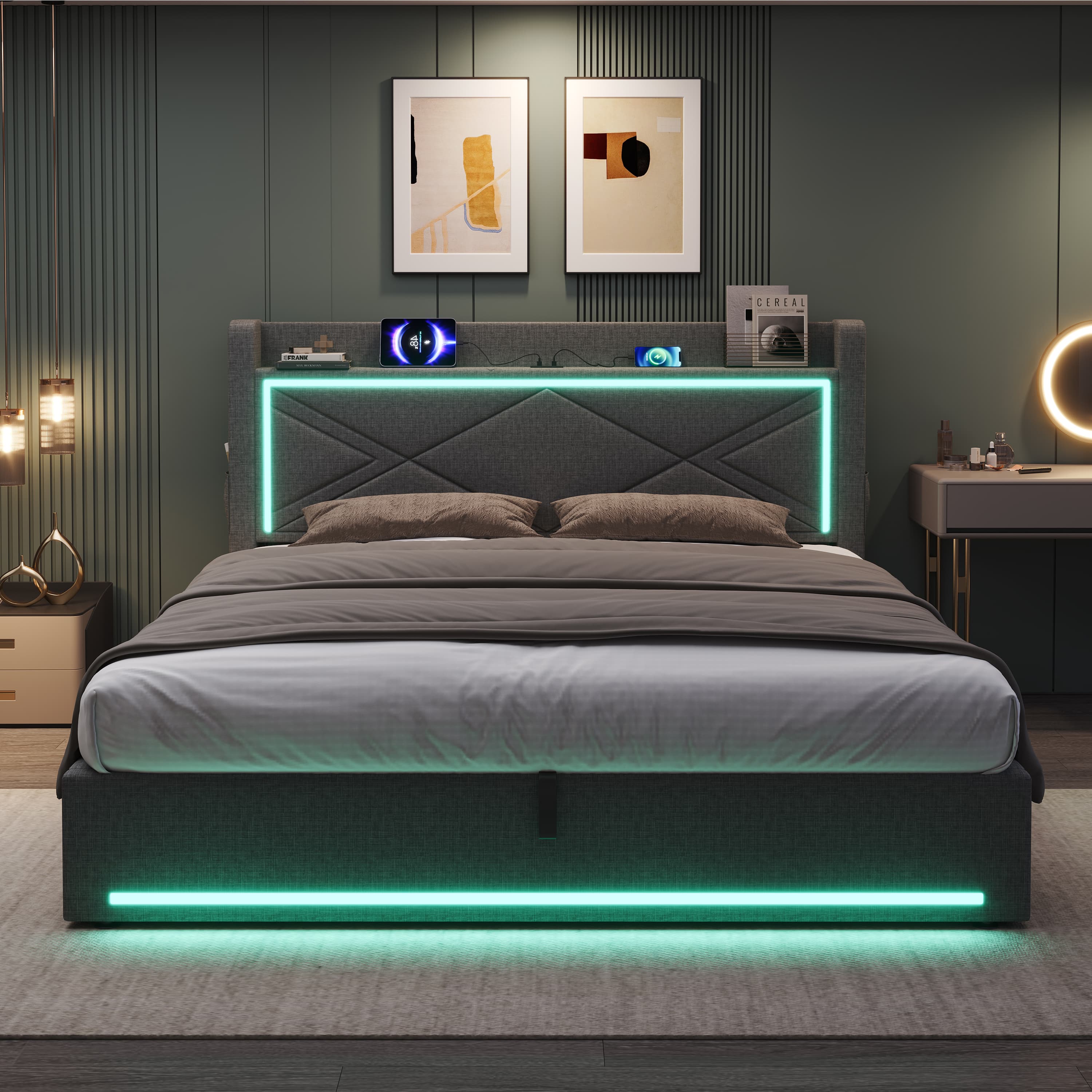 Upholstered Super King Ottoman Bed with LED Lighting & USB Charging - image 5