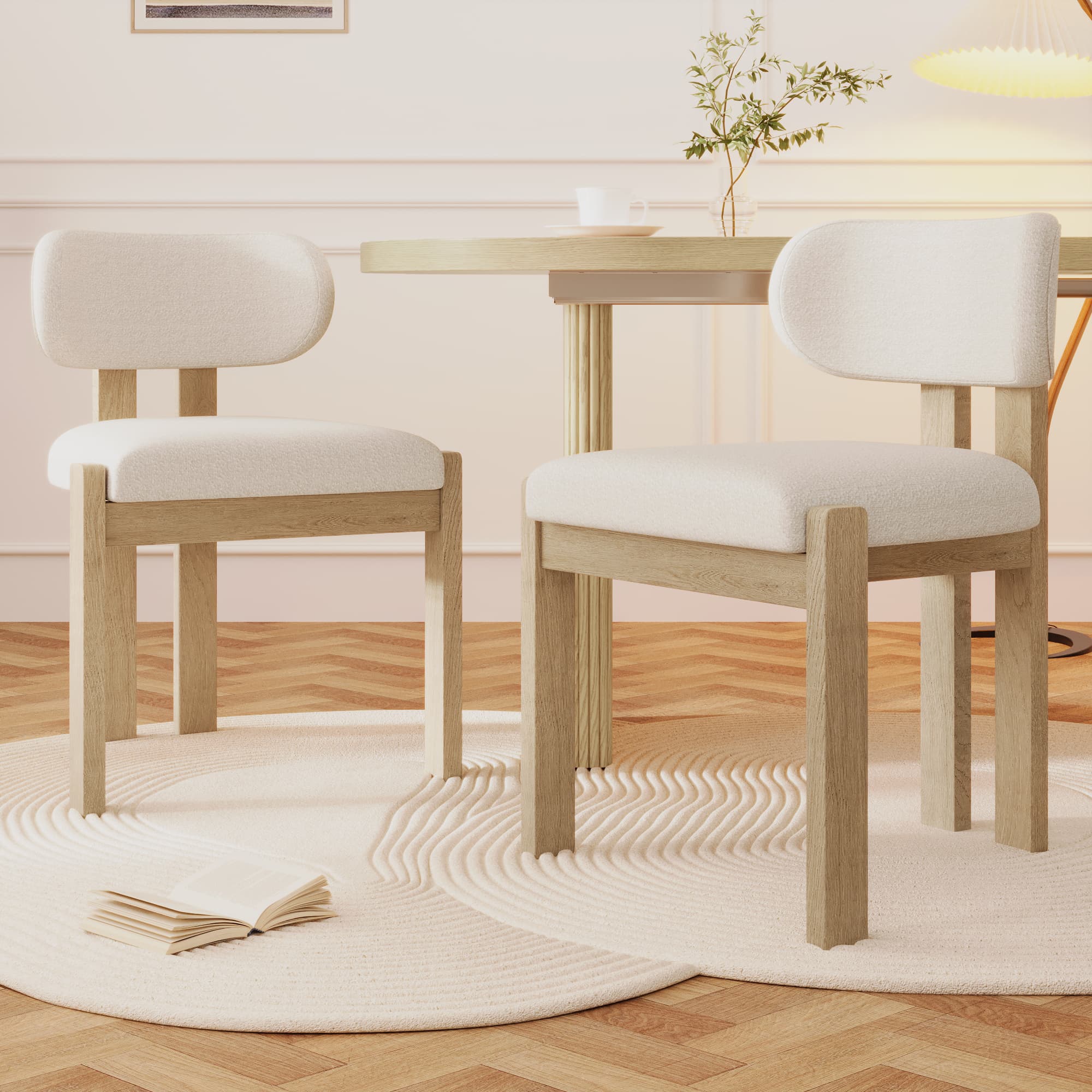 Set of 4 Solid Wood Dining Chairs in Natural Boucle - image 3