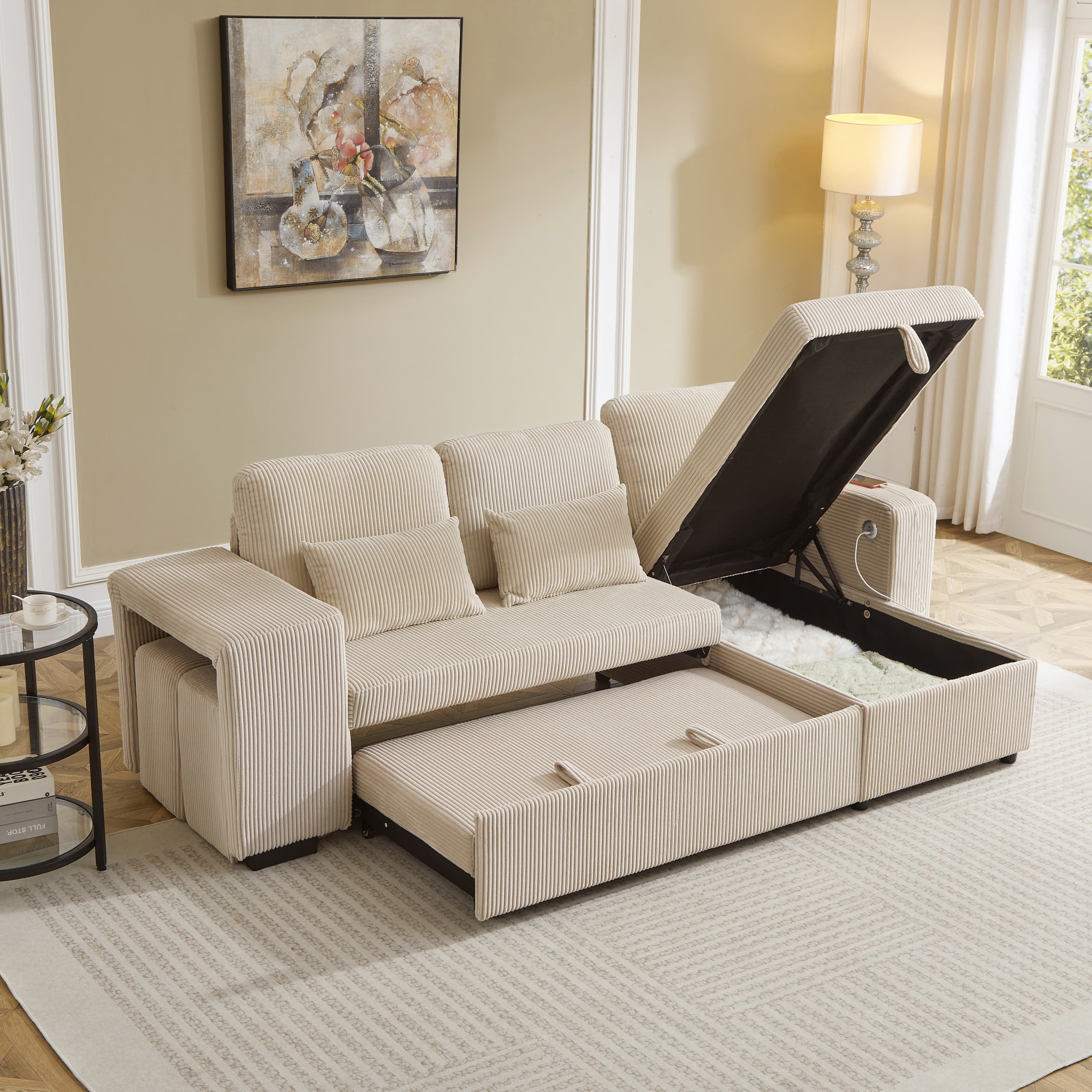 Modern 3-in-1 Convertible L-Shaped Sofa Bed in Beige Corduroy - image 5