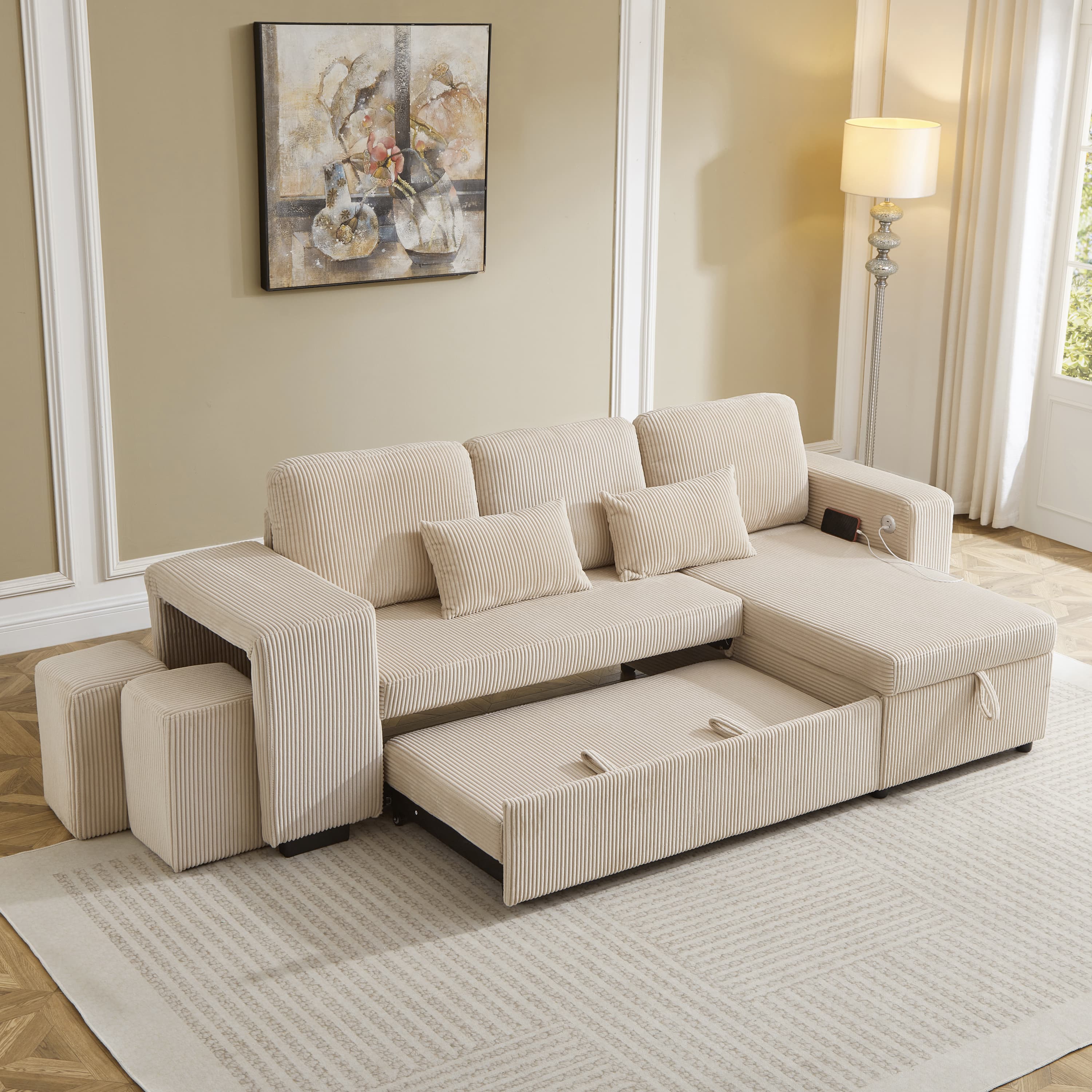 Modern 3-in-1 Convertible L-Shaped Sofa Bed in Beige Corduroy - image 1