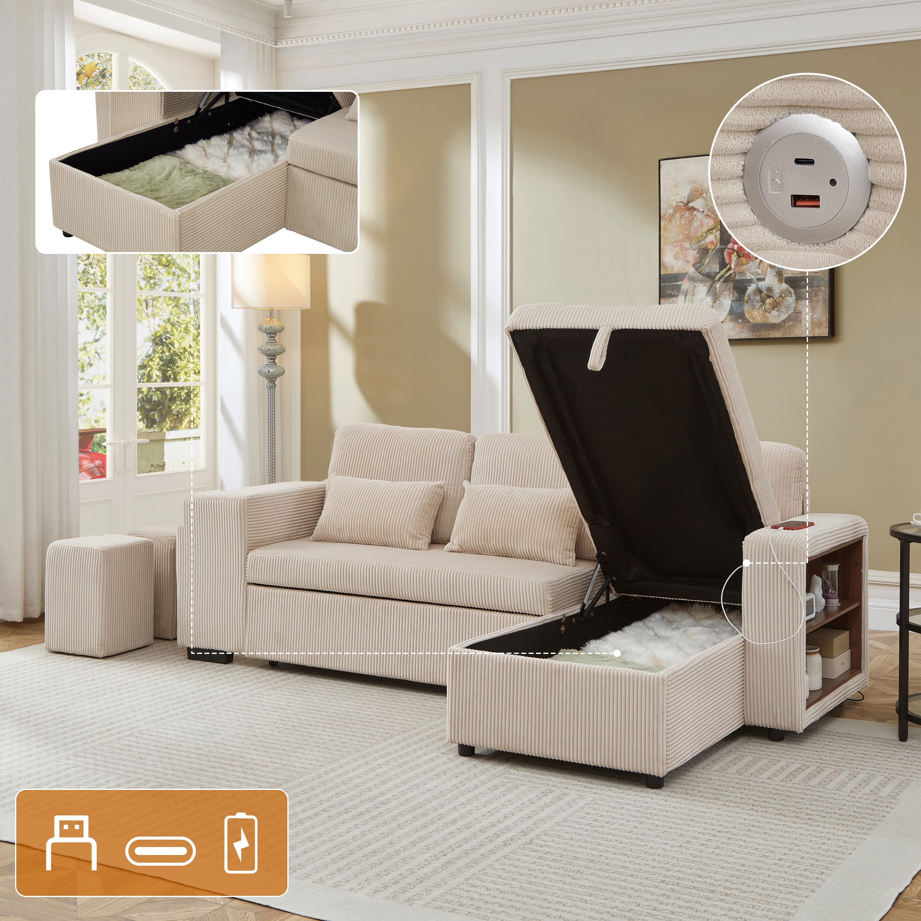 Modern 3-in-1 Convertible L-Shaped Sofa Bed in Beige Corduroy - Beige