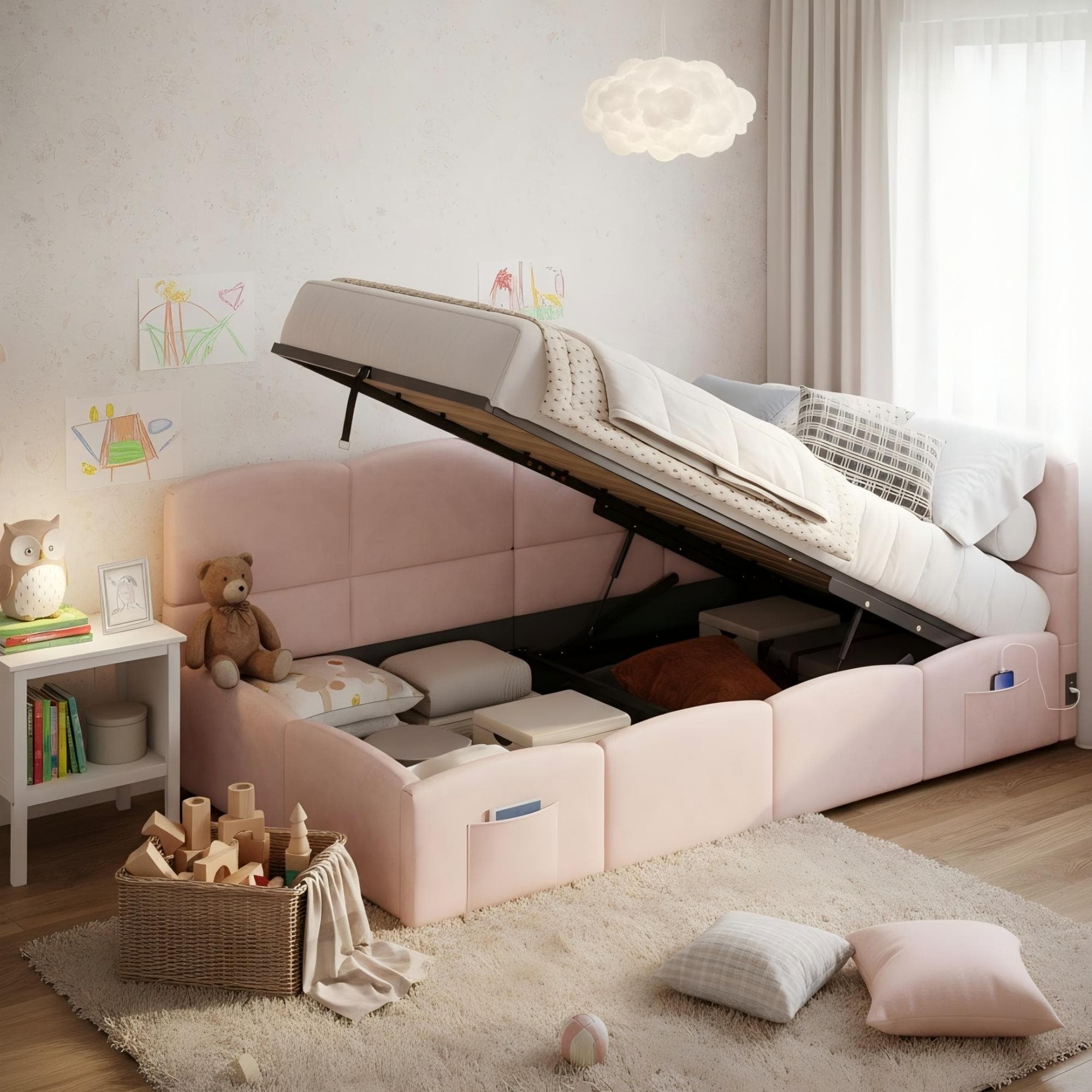 Chic Pink Velvet Daybed with Smart Storage & USB Charging