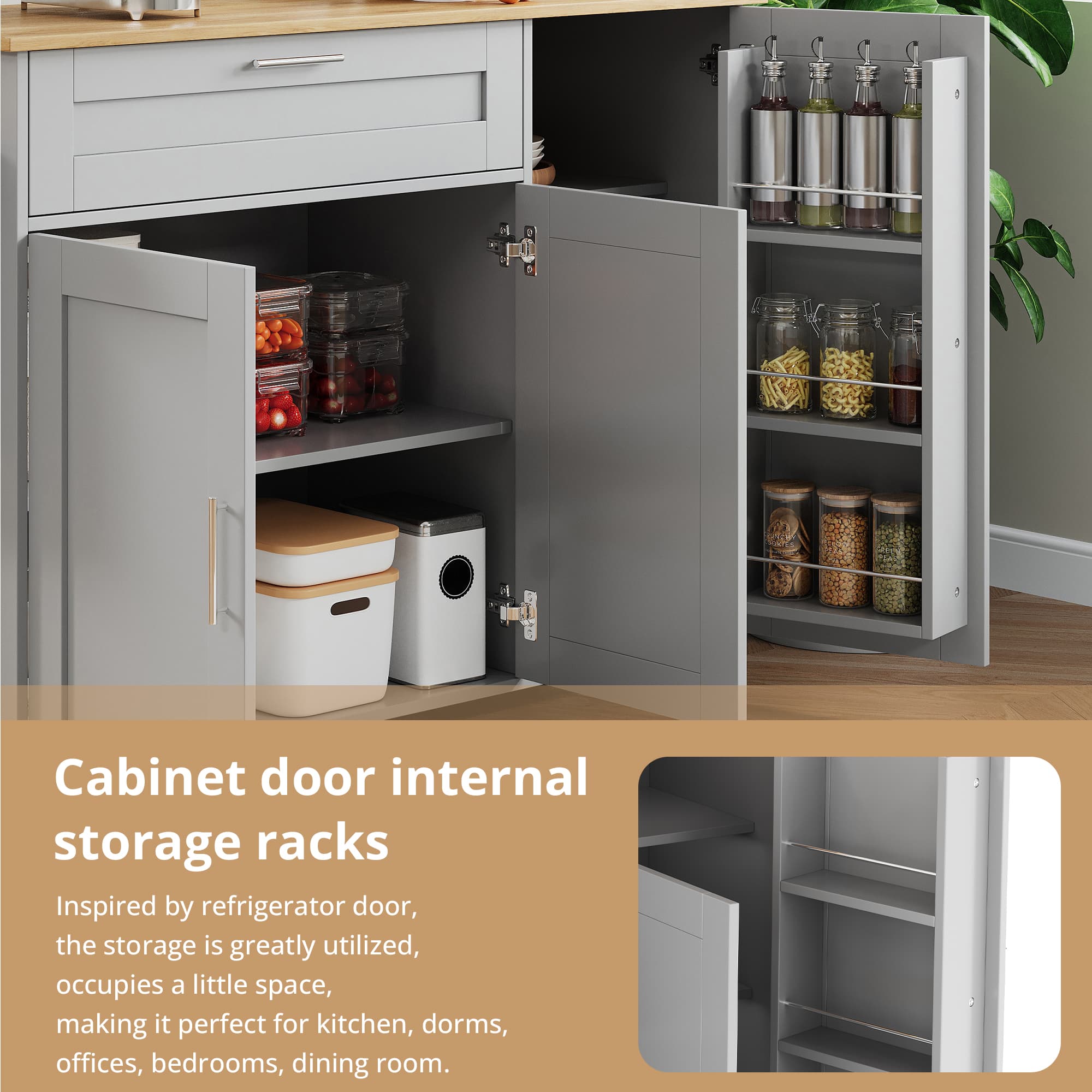 Grey Mobile Kitchen Island with Foldable Oak-Effect Countertop - image 2