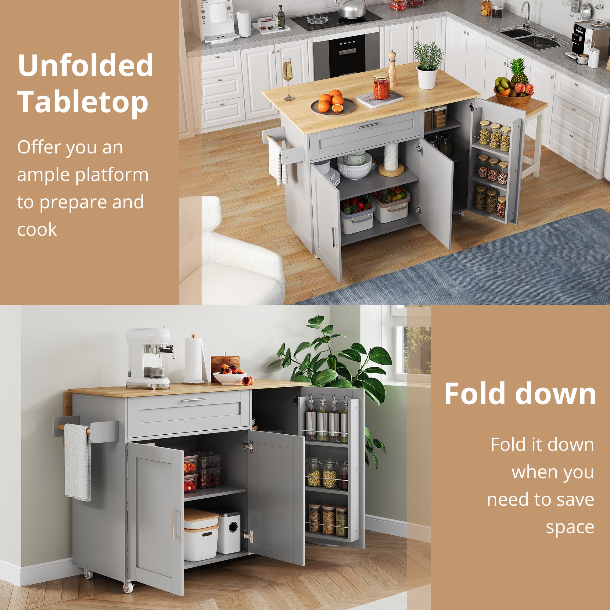 Grey Mobile Kitchen Island with Foldable Oak-Effect Countertop - image 3