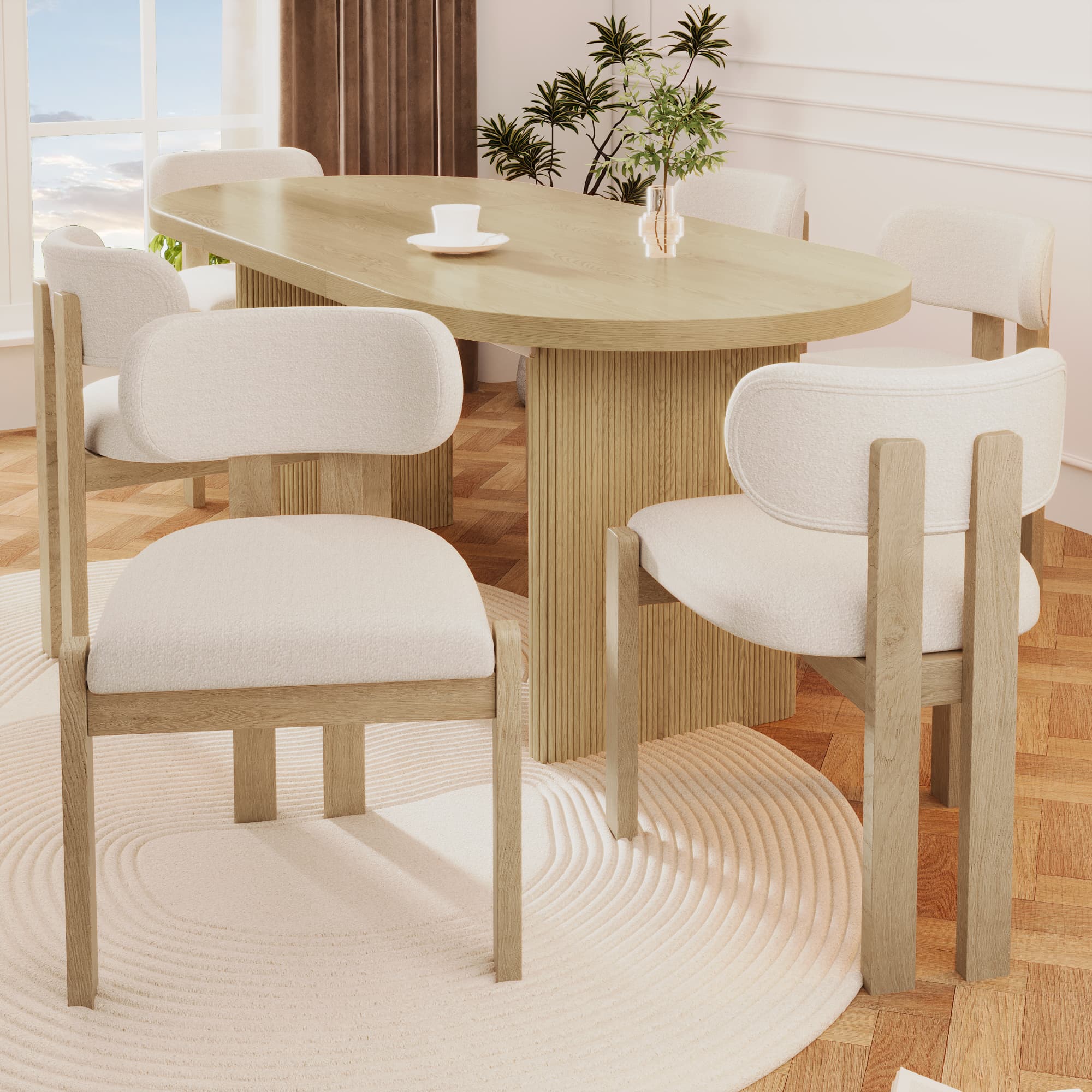 Set of 4 Solid Wood Dining Chairs in Natural Boucle - image 4