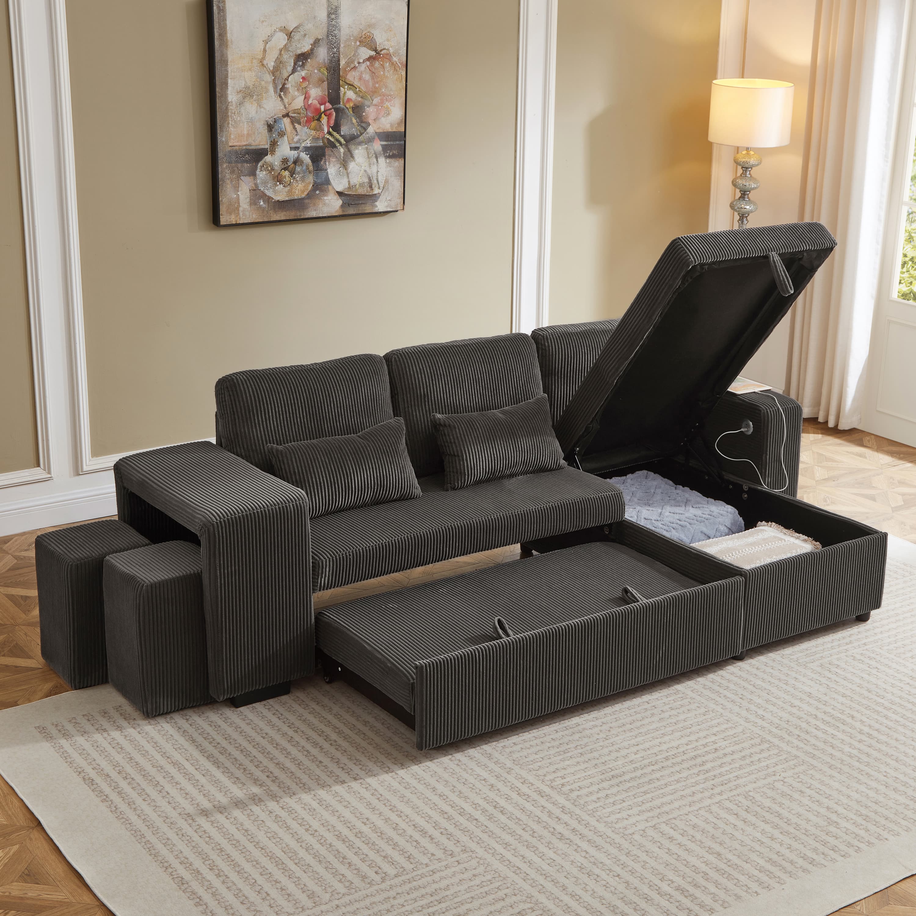Modern Convertible L-Shaped Sofa Bed with Storage Chaise - image 5