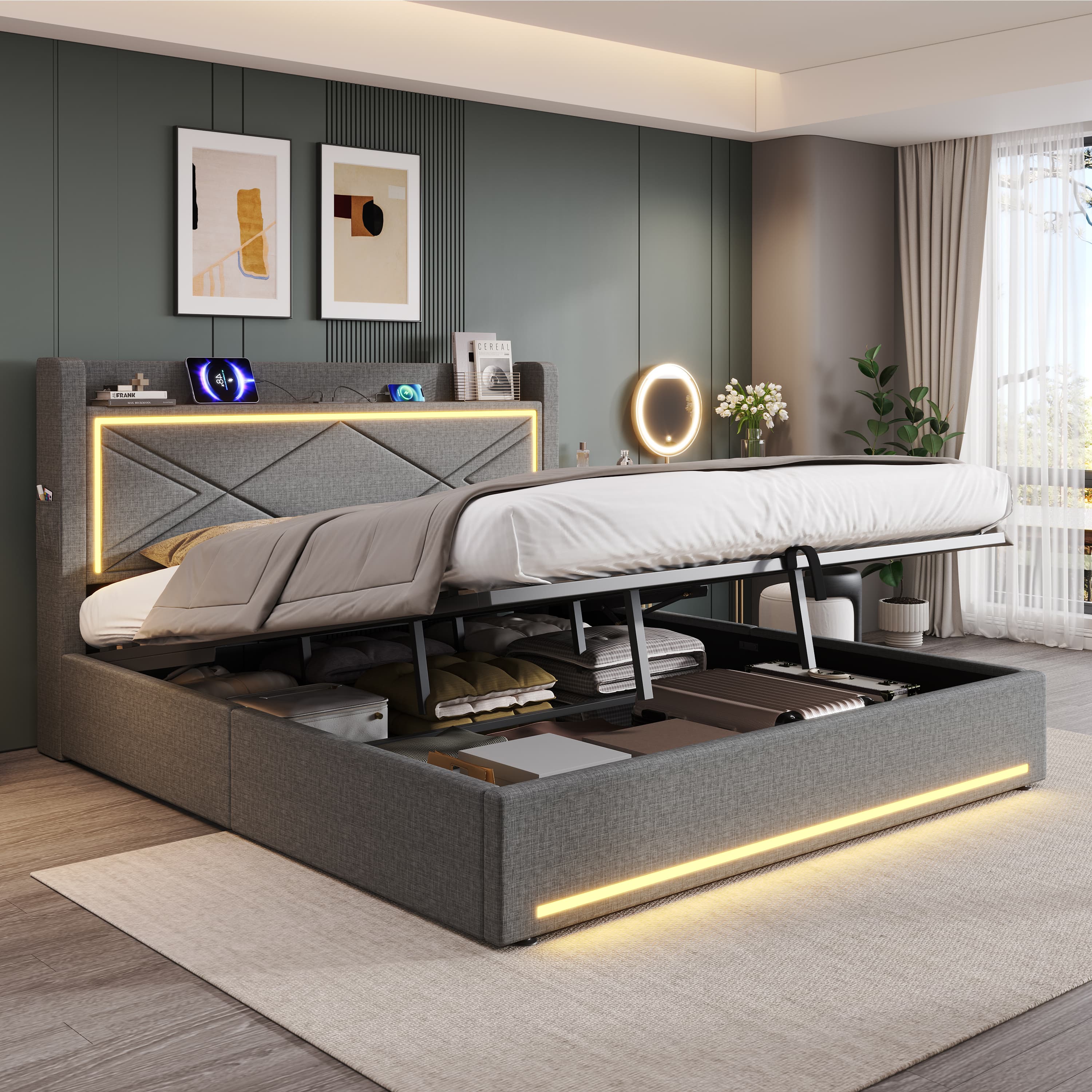 Upholstered Super King Ottoman Bed with LED Lighting & USB Charging - image 2