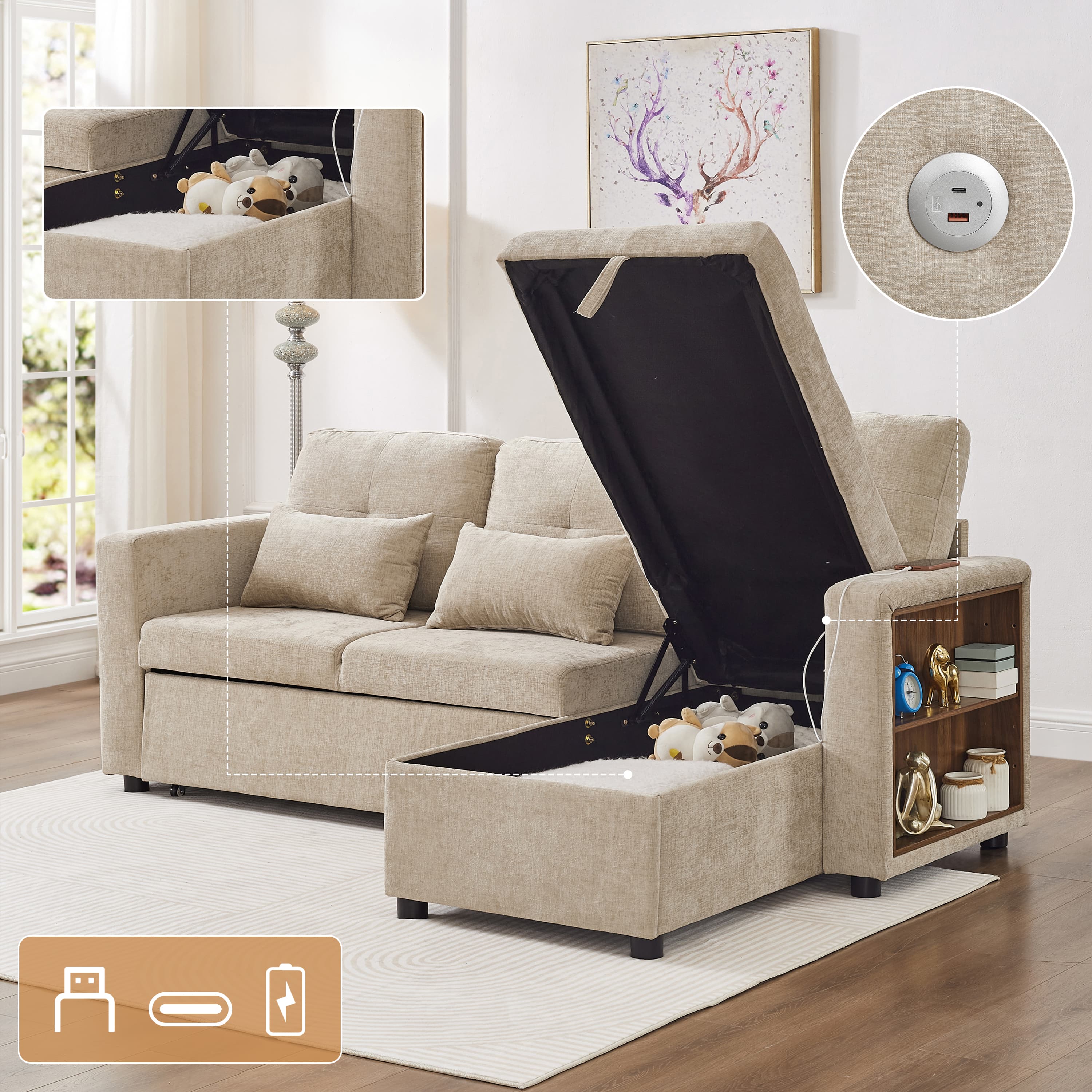 Convertible L-Shaped Sofa Bed with Reversible Storage Chaise