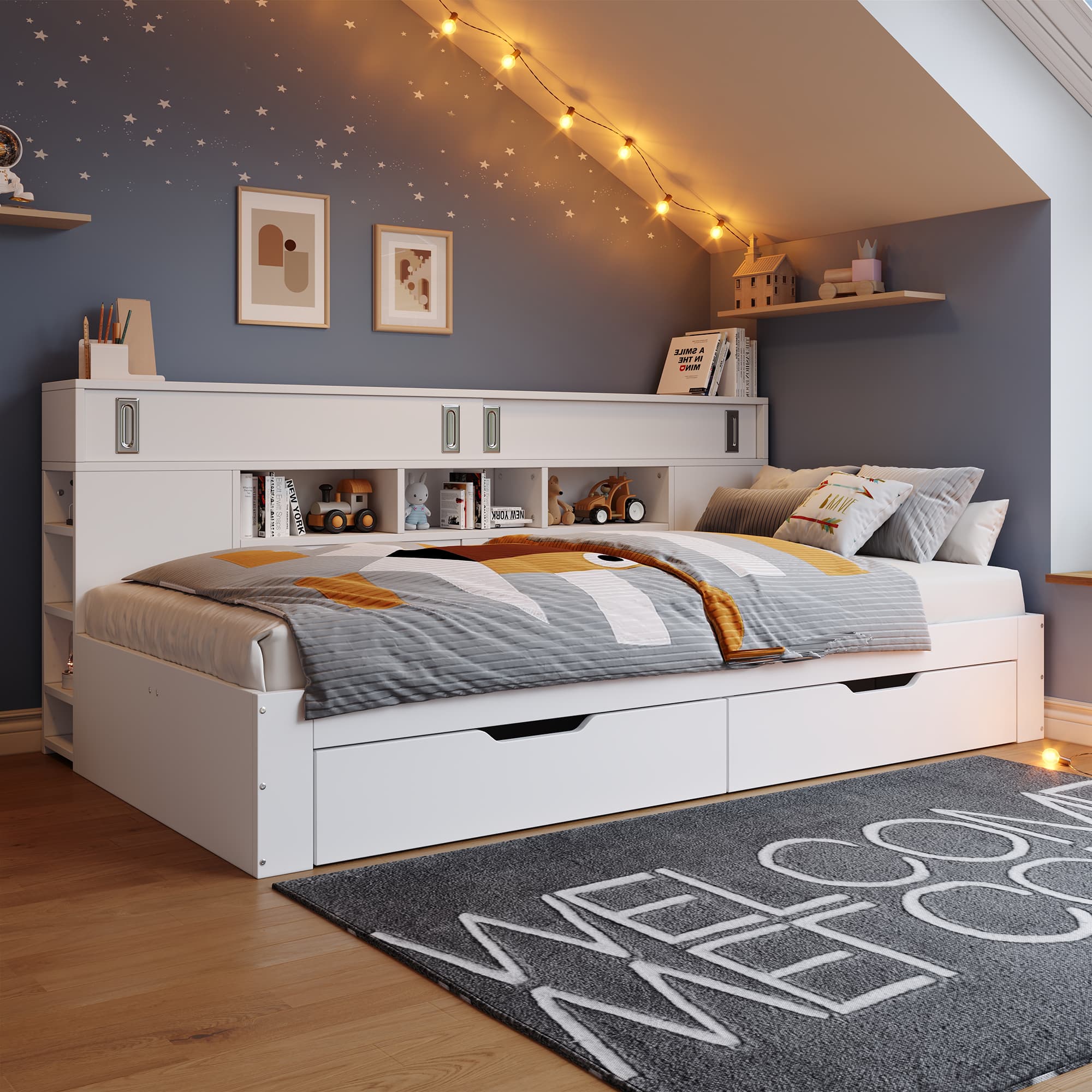 Single Day Bed with Storage, Drawers and Shelves - 90x190cm White - image 5