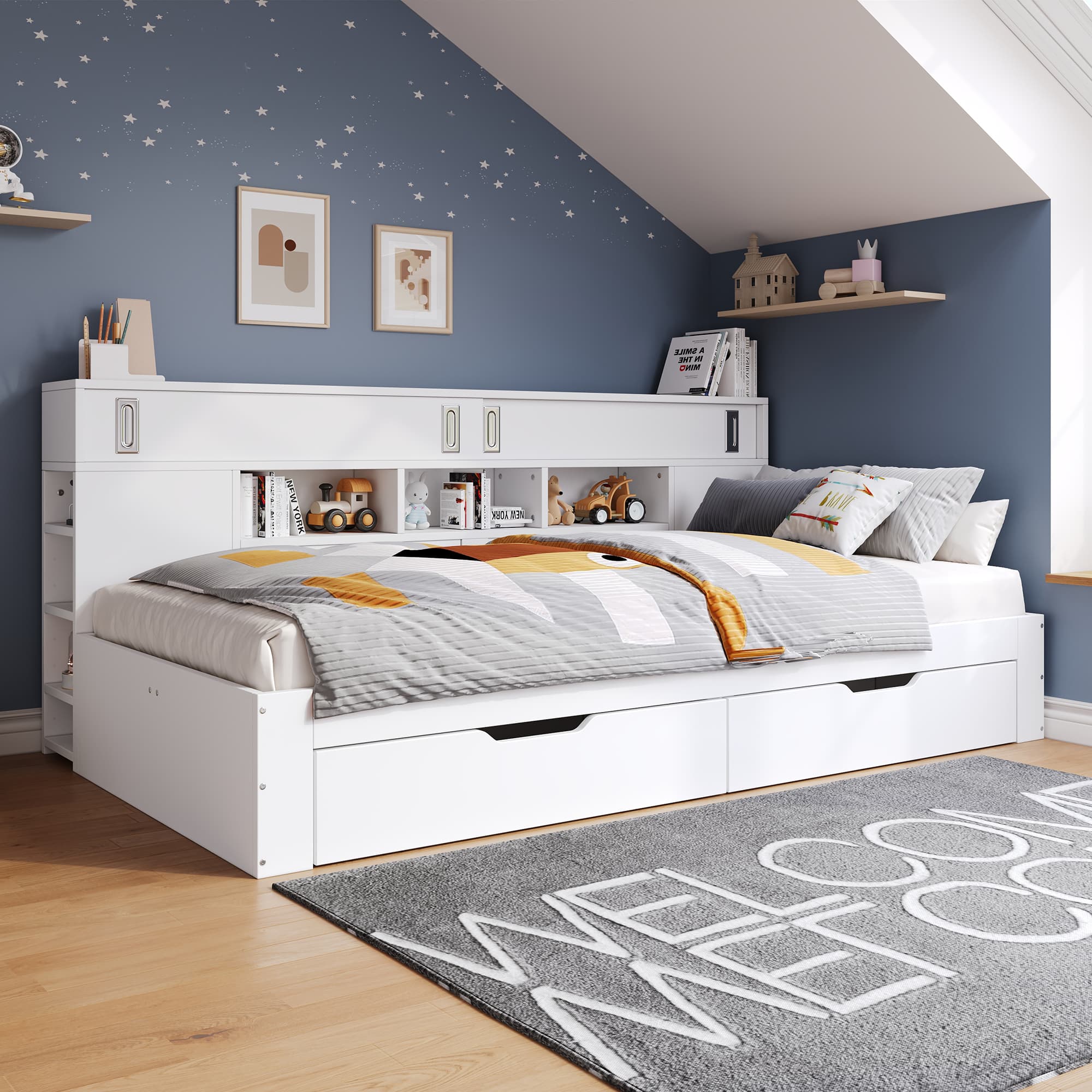 Single Day Bed with Storage, Drawers and Shelves - 90x190cm White - image 4