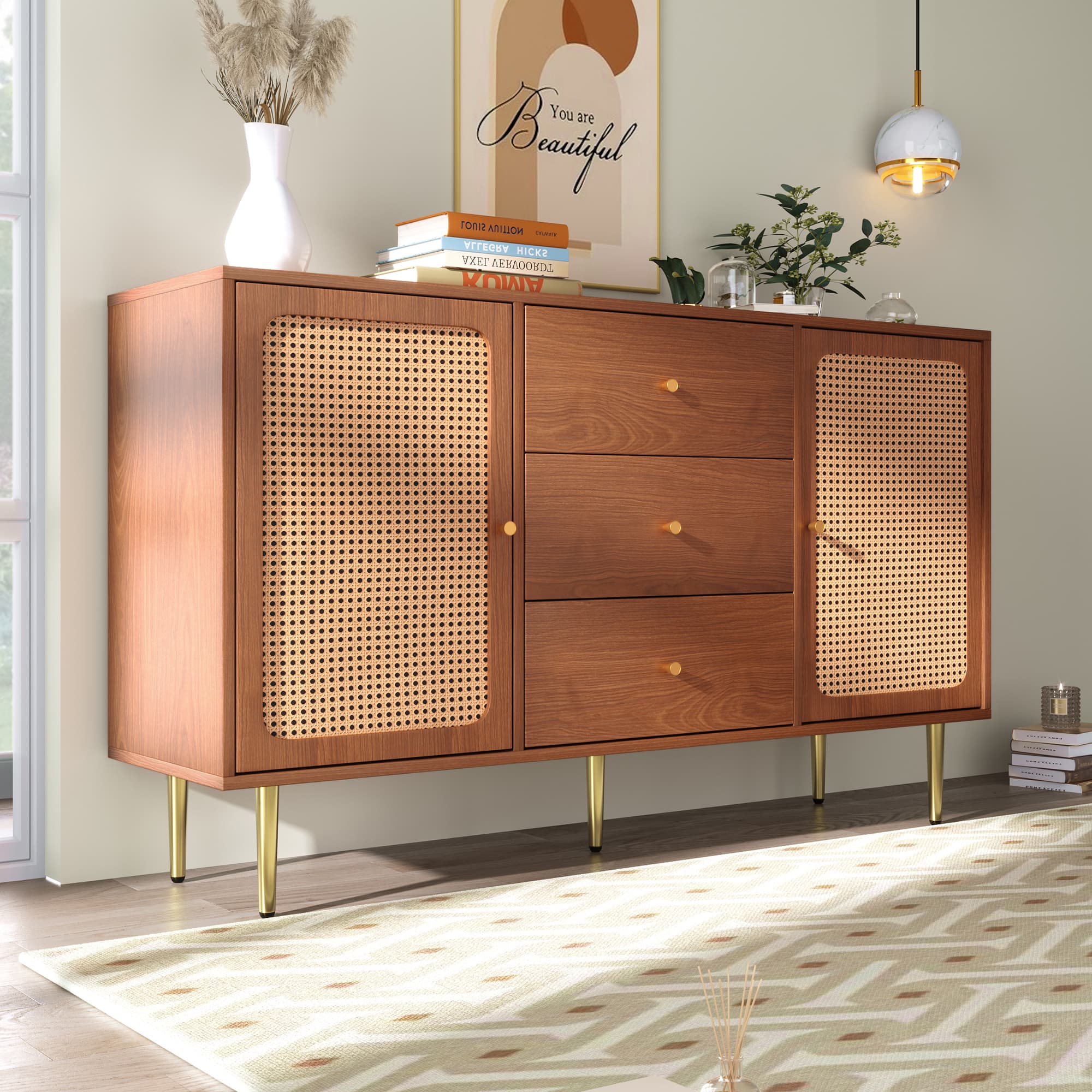 Walnut & Rattan Sideboard with Gold-Tone Handles - image 2