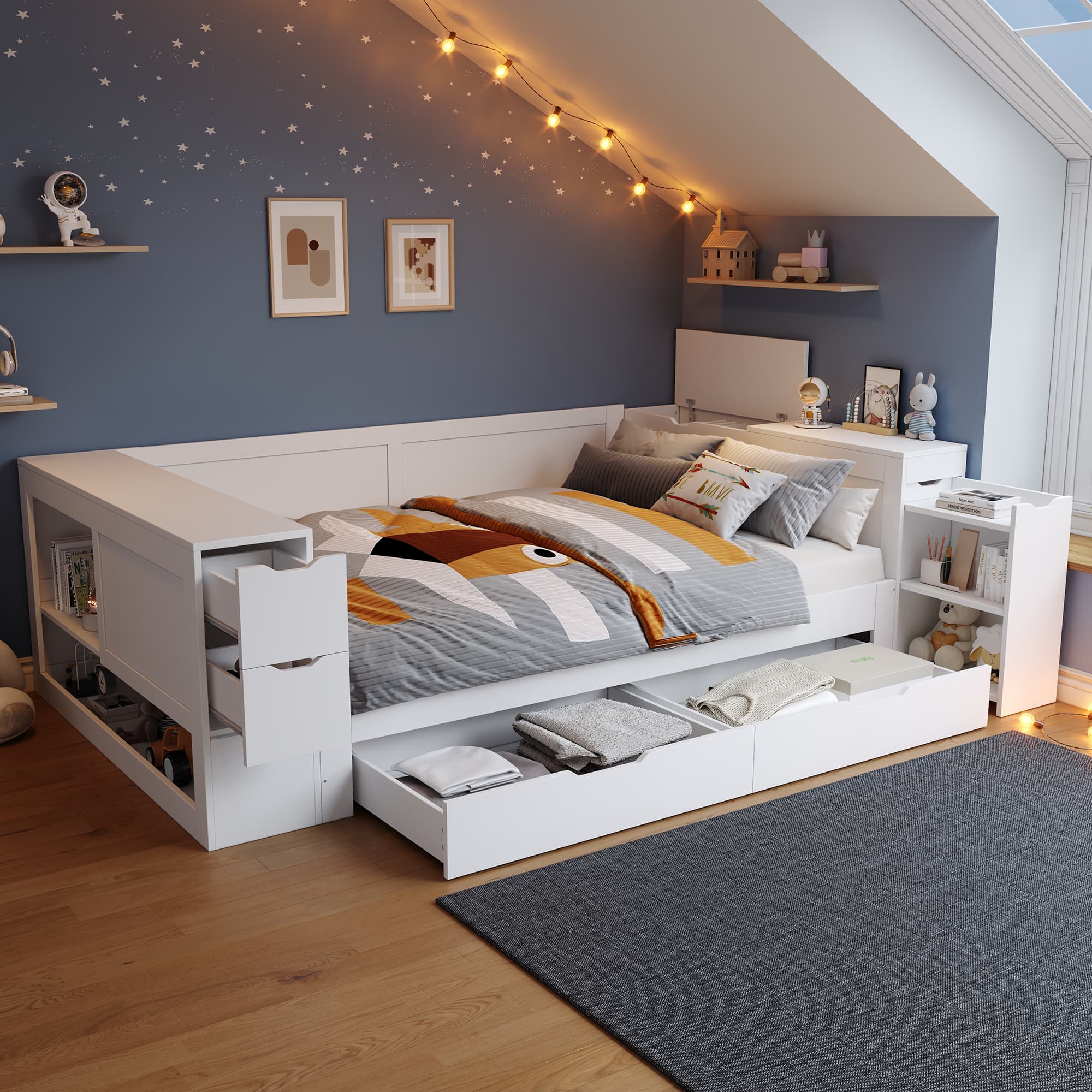 Children's White Storage Bed (135x190cm) with Drawers & Shelves