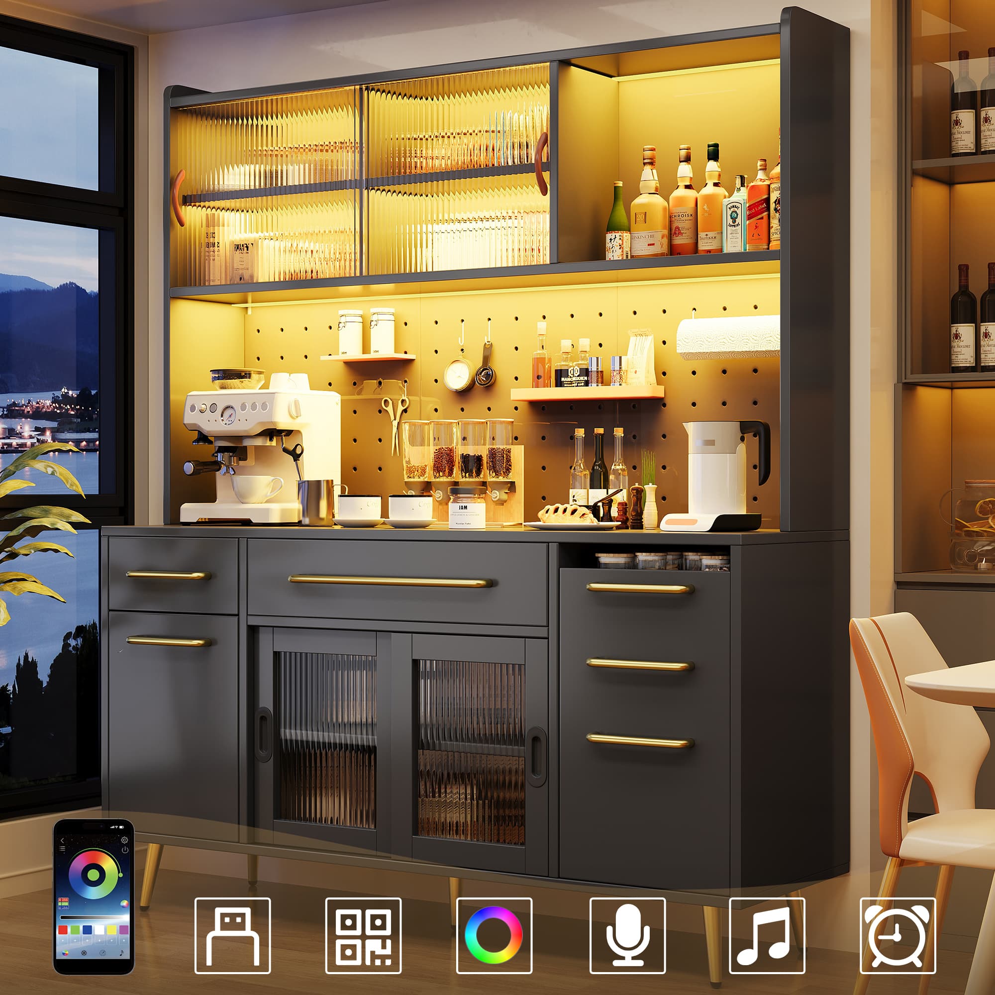 Black Highboard Cabinet with LED Lights, Drawer & Glass Shelves - image 2