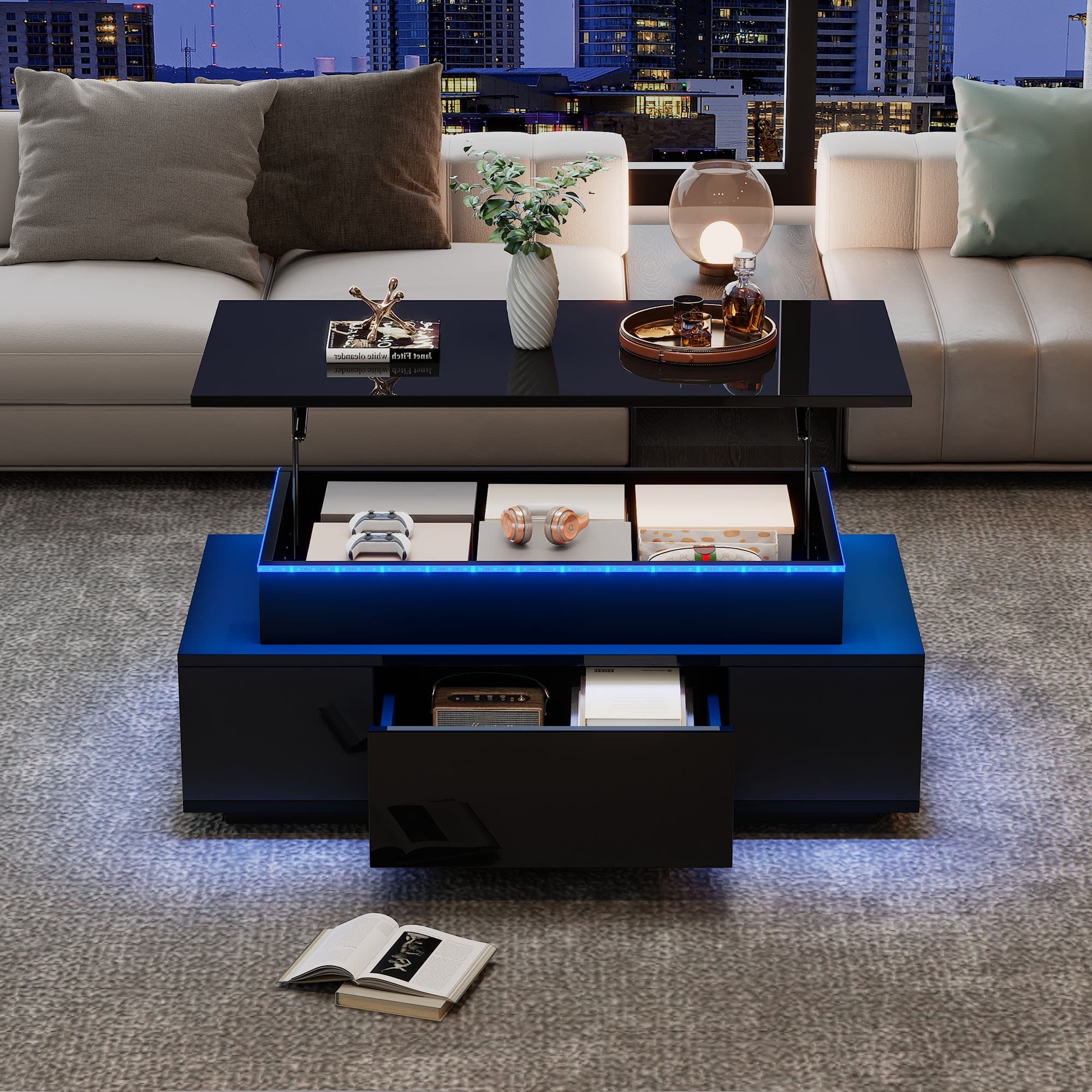 Modern Lift-Top Coffee Table with Storage & LED Lighting - image 3