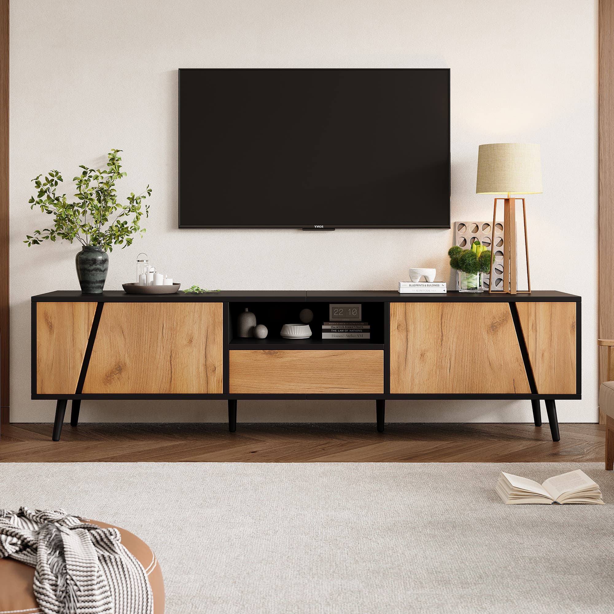 Stylish Wood & Black TV Unit with Smart Storage for 75" TVs - Wood