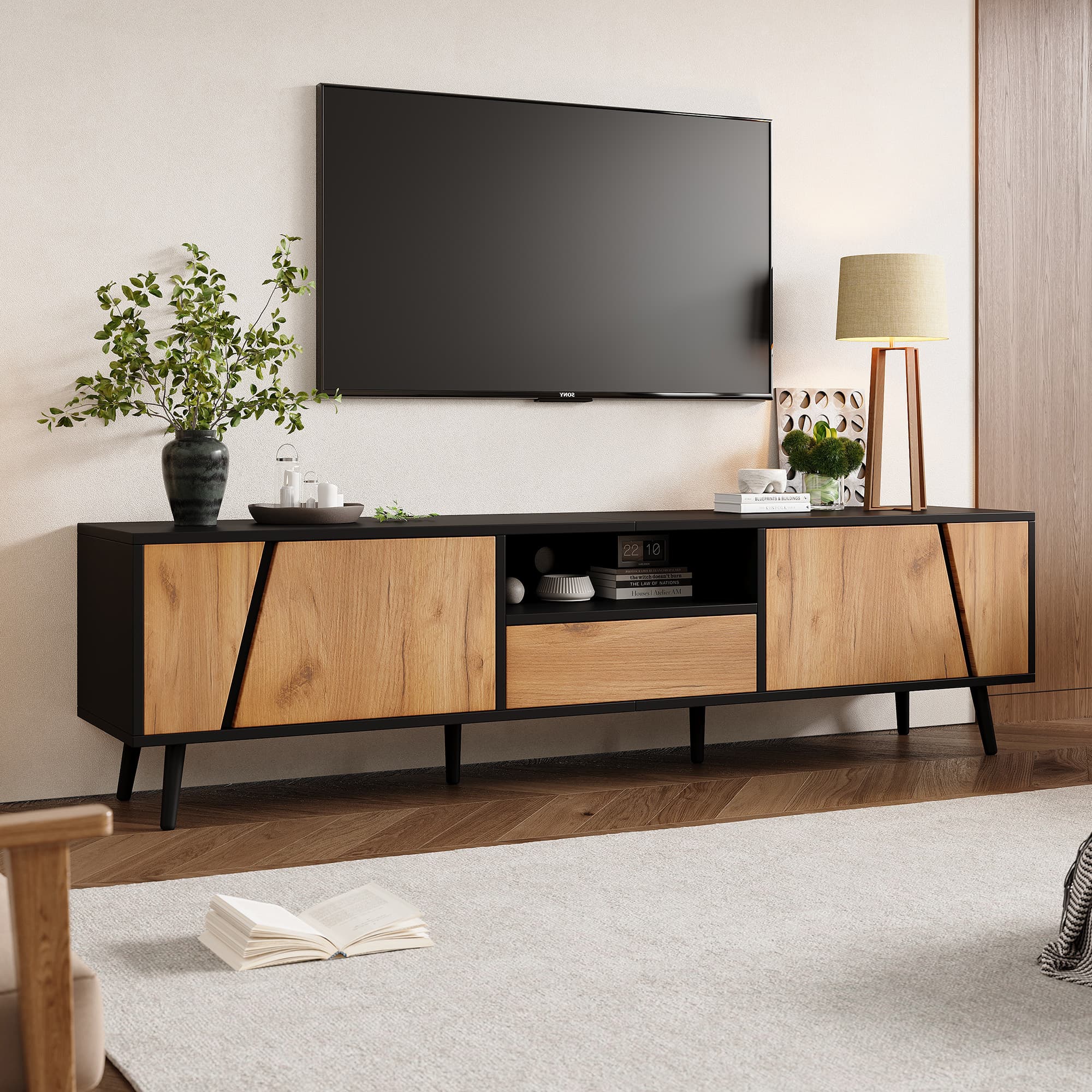 Stylish Wood & Black TV Unit with Smart Storage for 75" TVs - image 1