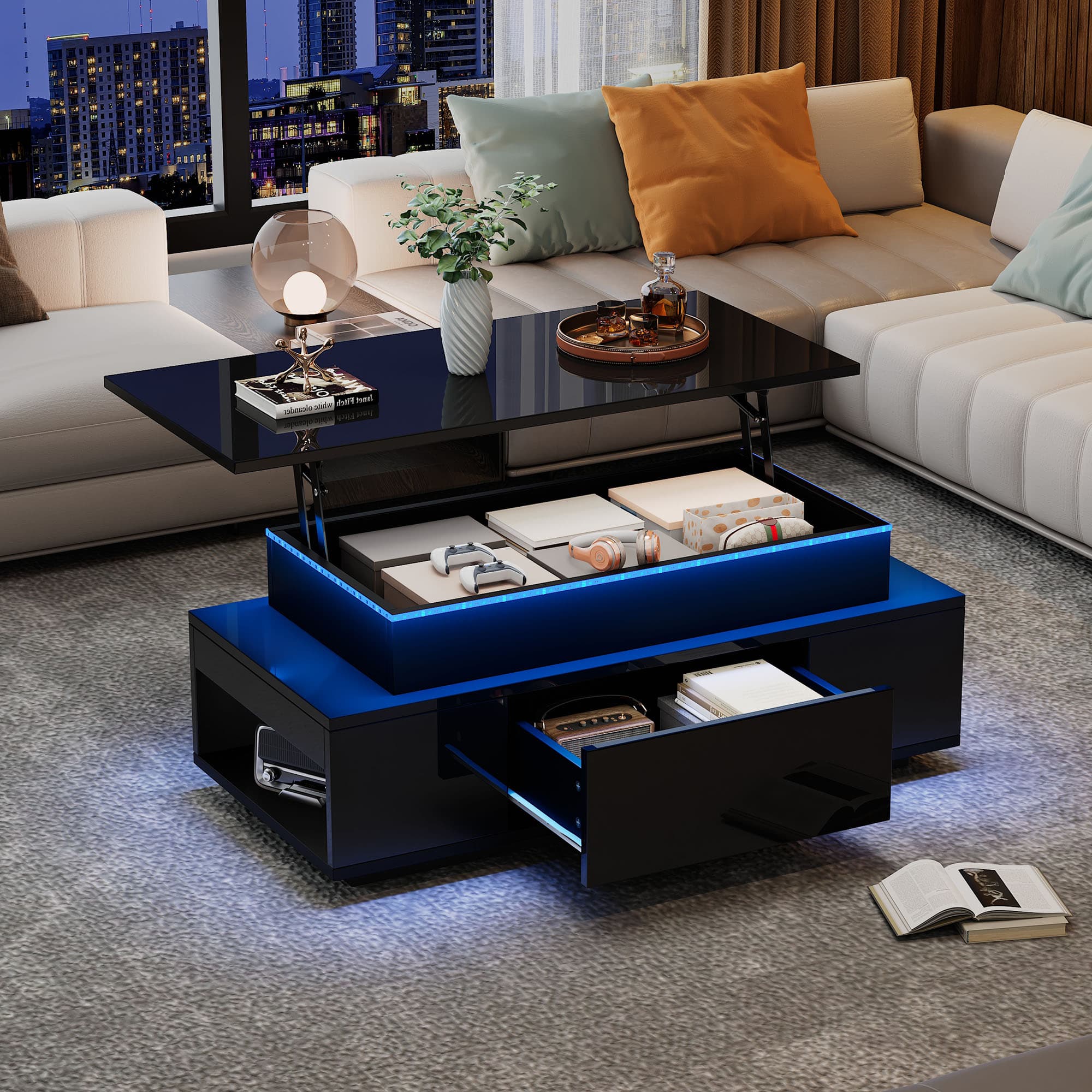 Modern Lift-Top Coffee Table with Storage & LED Lighting - Black
