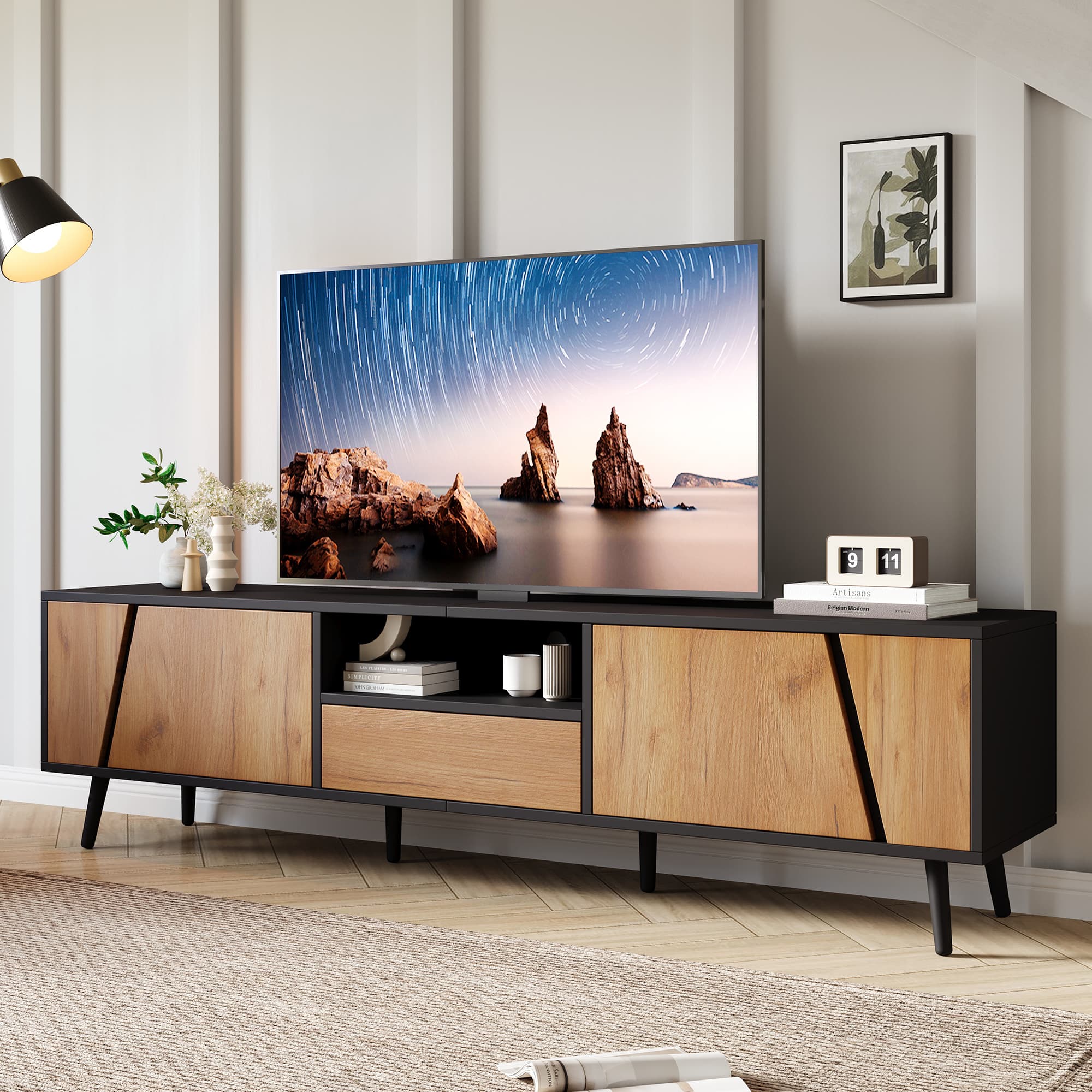 Stylish Wood & Black TV Unit with Smart Storage for 75" TVs - image 5