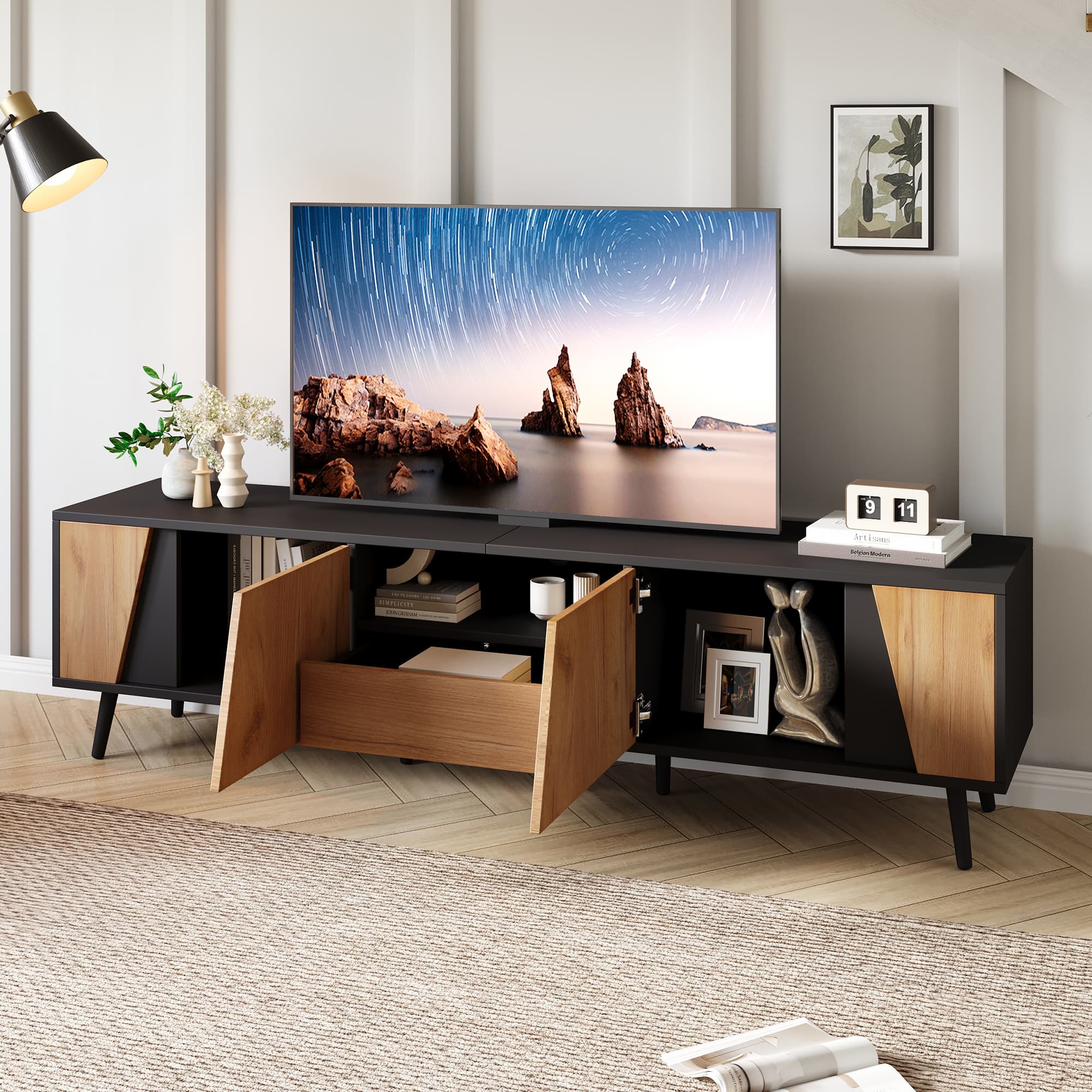 Stylish Wood & Black TV Unit with Smart Storage for 75" TVs - image 3
