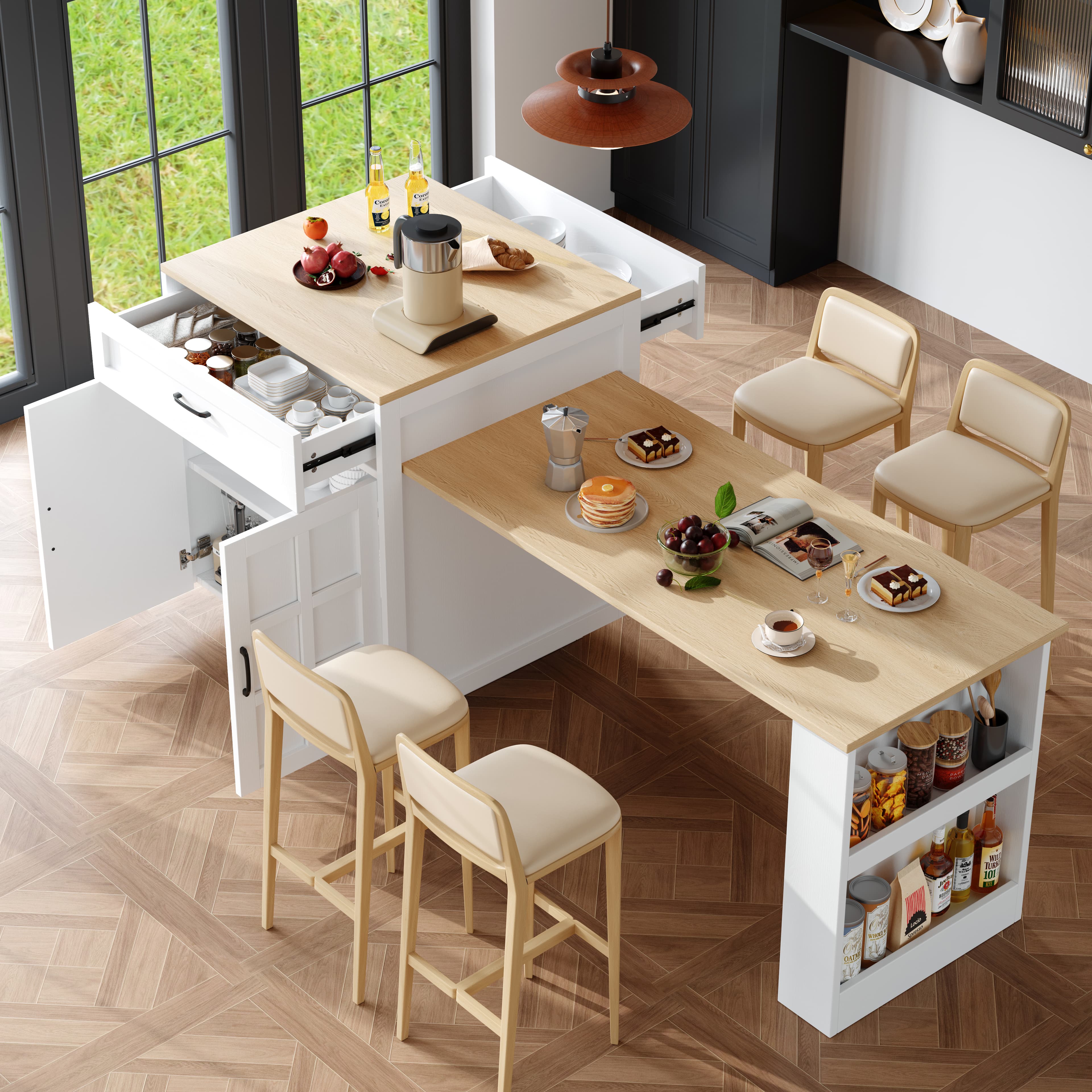 Expandable Kitchen Island Table with Smart Storage