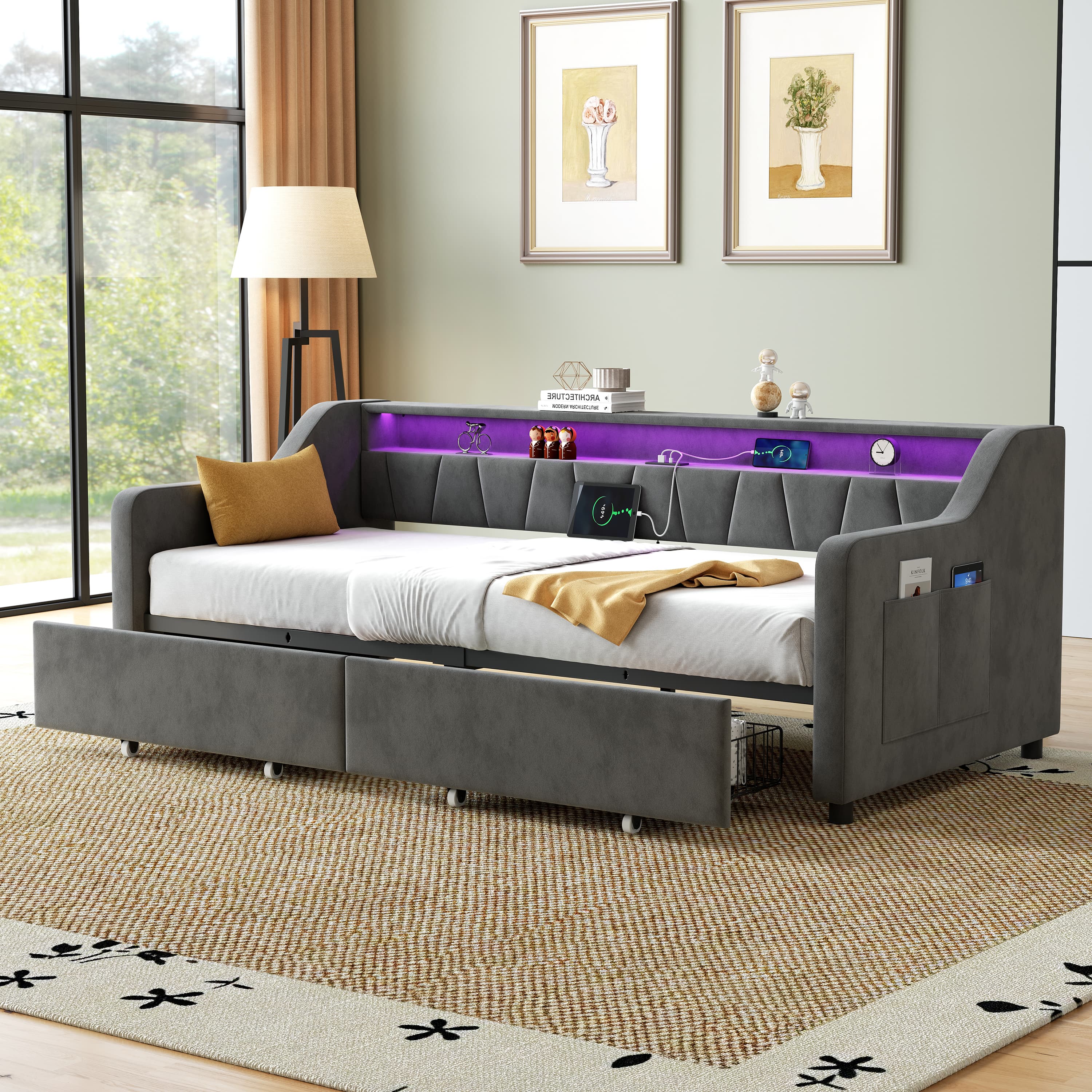 Modern Velvet Daybed with LEDs, Storage & Built-in Charging - image 2