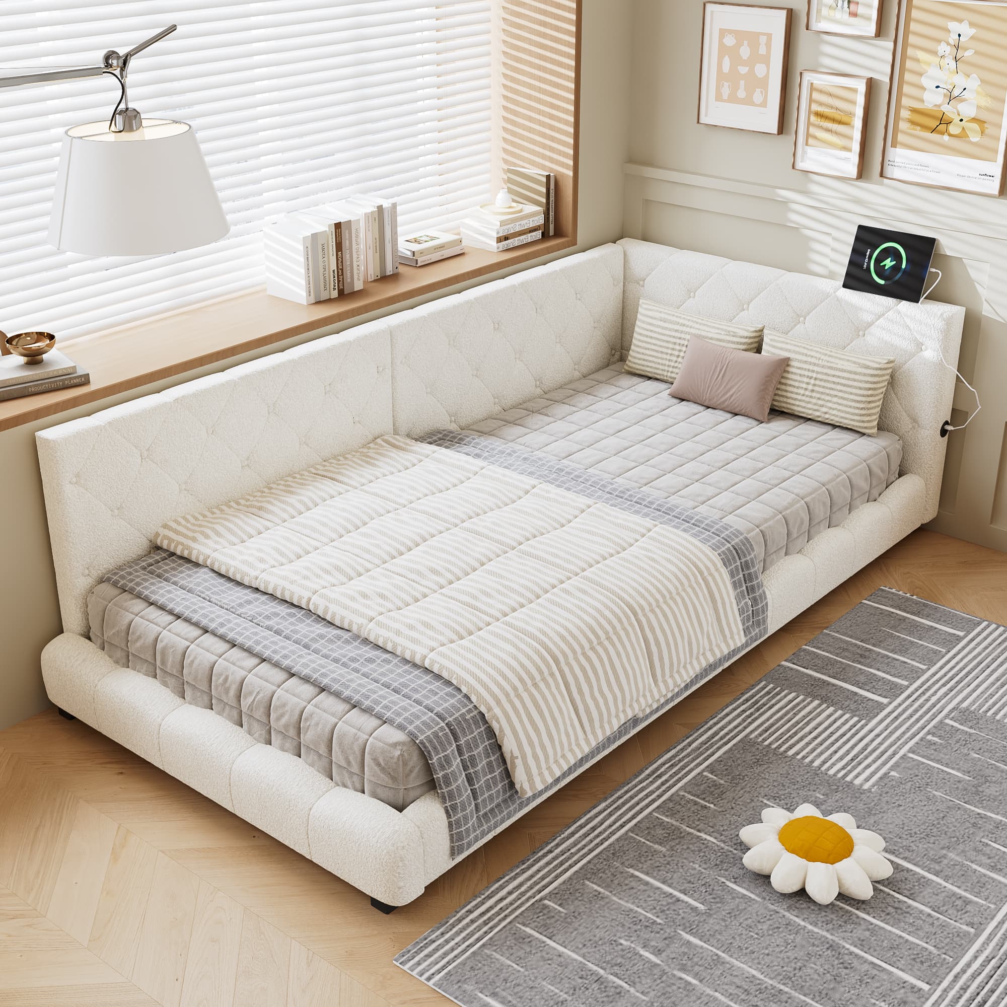 Modern Upholstered Single Bed with Dual Comfort Headboards - Beige