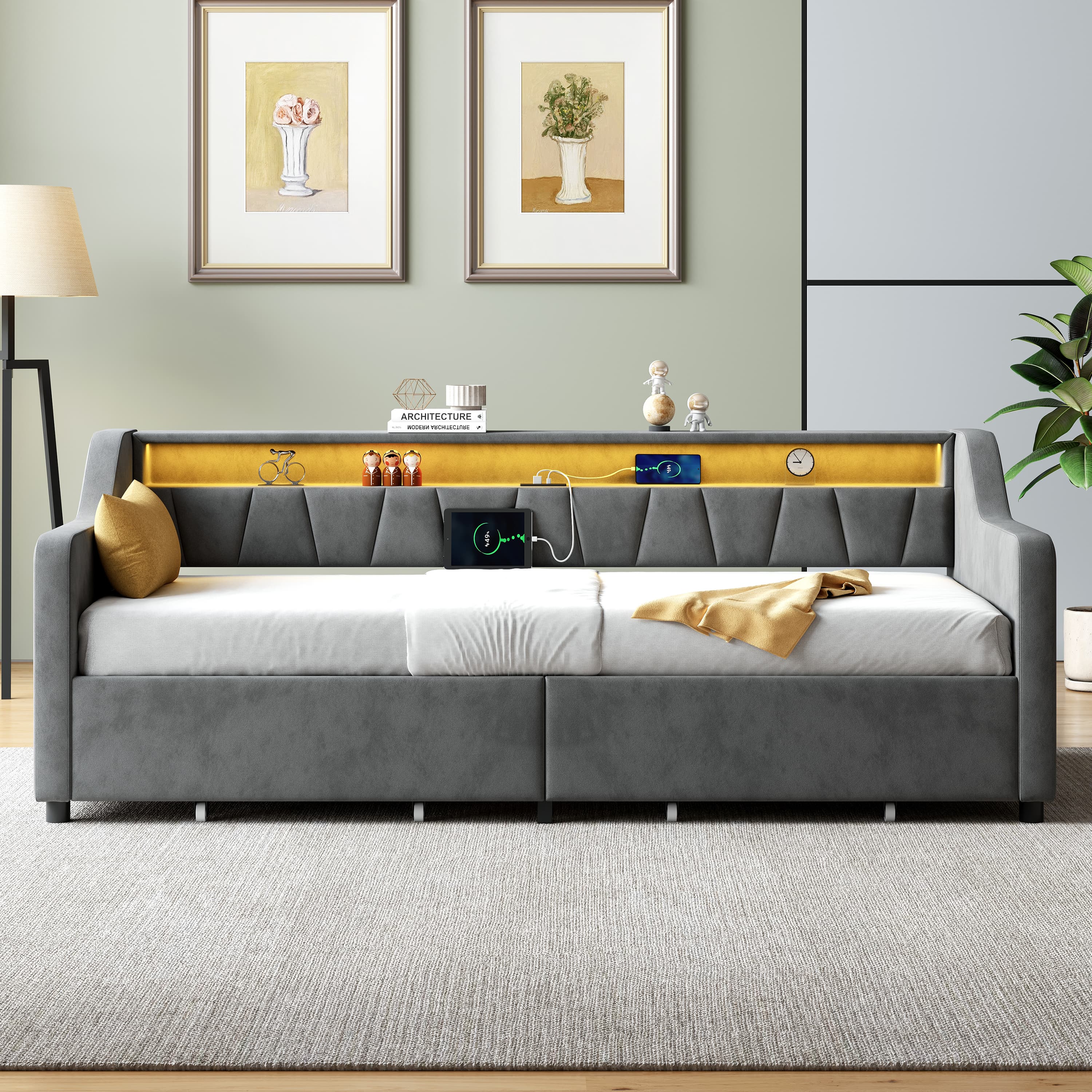 Modern Velvet Daybed with LEDs, Storage & Built-in Charging - image 3