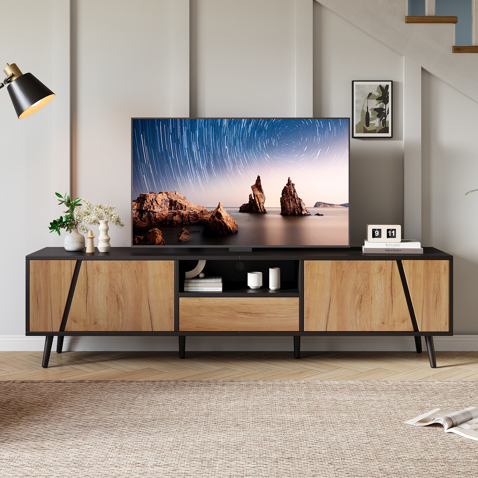 Stylish Wood & Black TV Unit with Smart Storage for 75" TVs - image 4