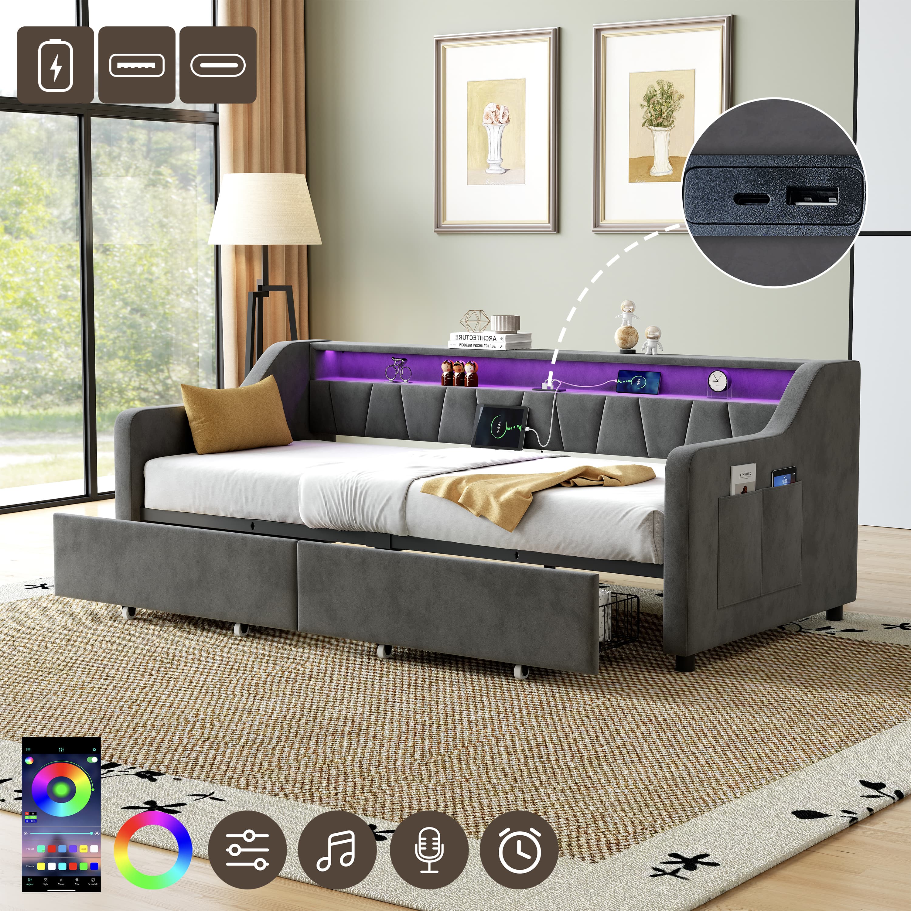 Modern Velvet Daybed with LEDs, Storage & Built-in Charging - Grey