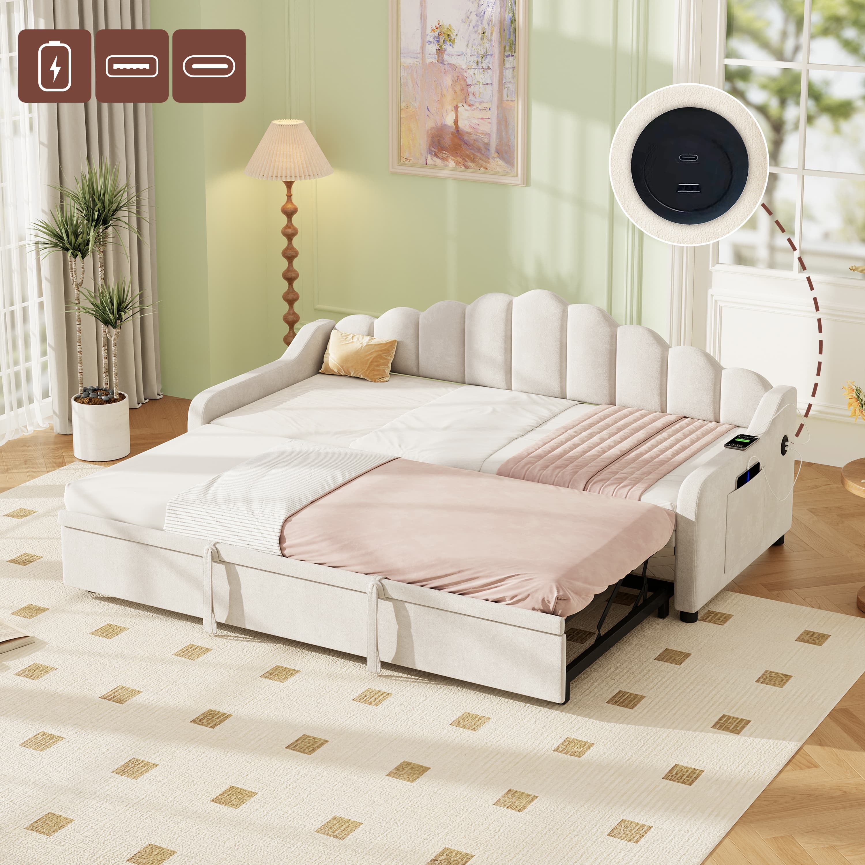 Chic Velvet Daybed with Trundle & Integrated USB Charging