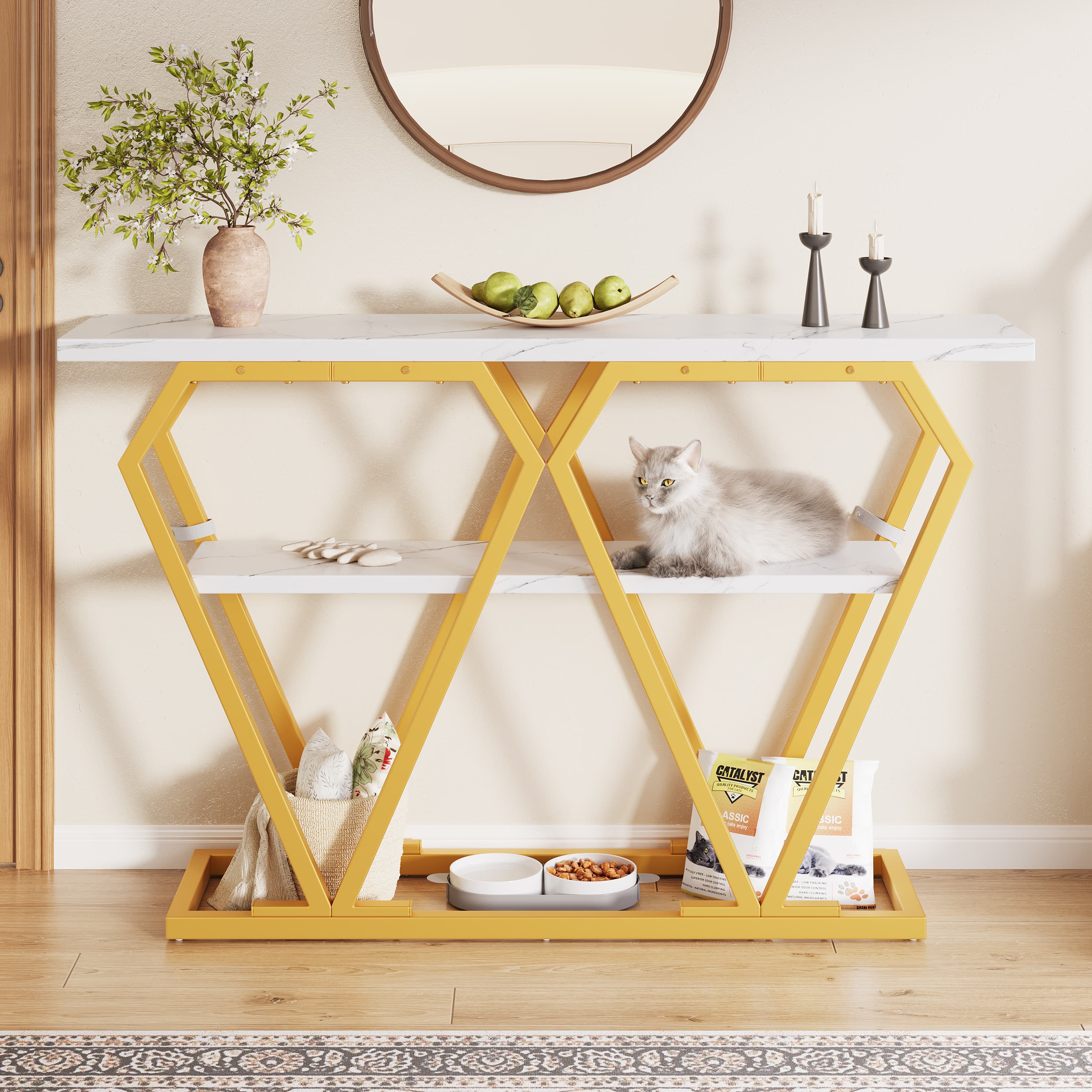 Slim Marble Effect Console Table with Gold Frame & Shelf - image 5