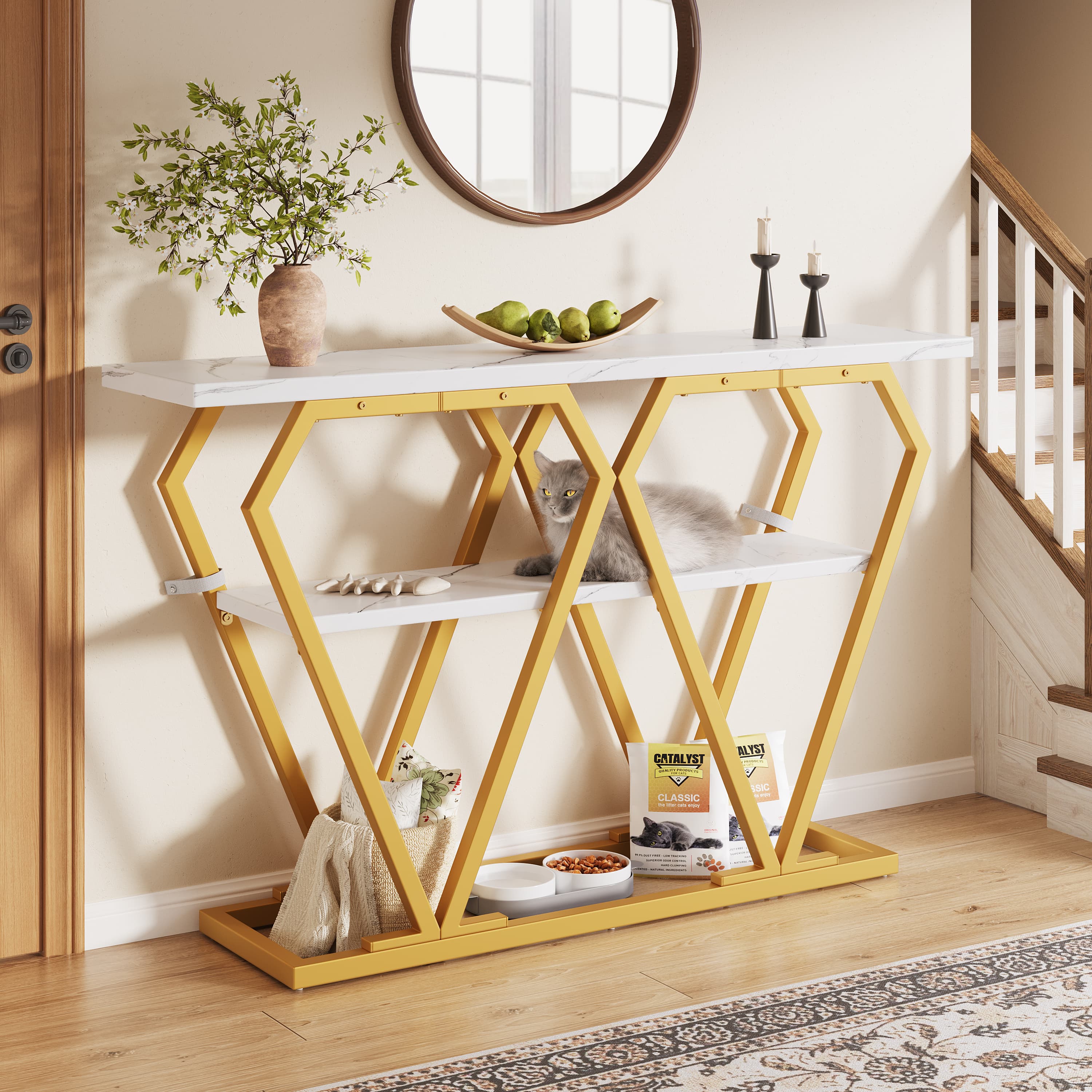 Slim Marble Effect Console Table with Gold Frame & Shelf - GoldenWhite
