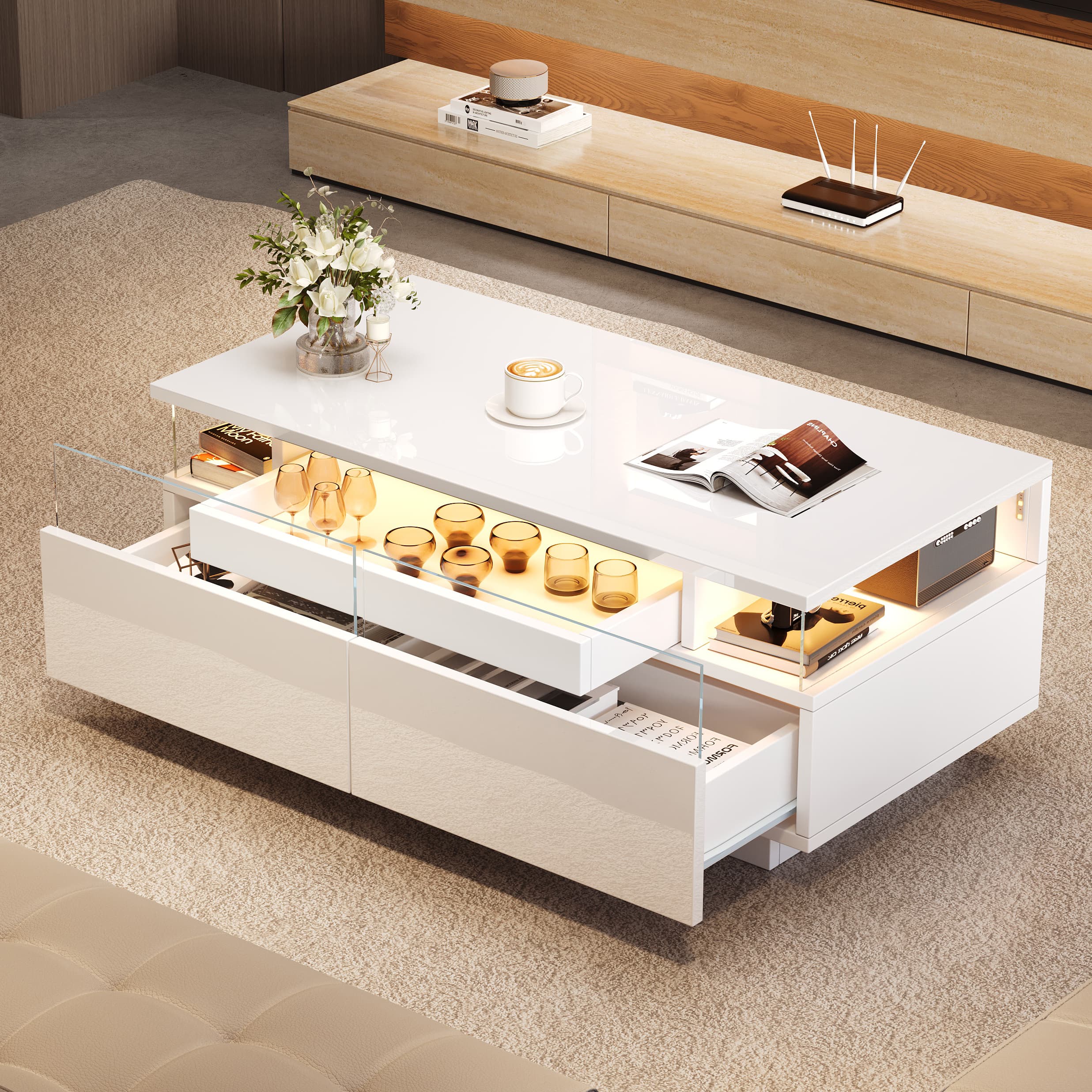 Modern High Gloss Coffee Table with LED Lighting & 2 Drawers - image 3
