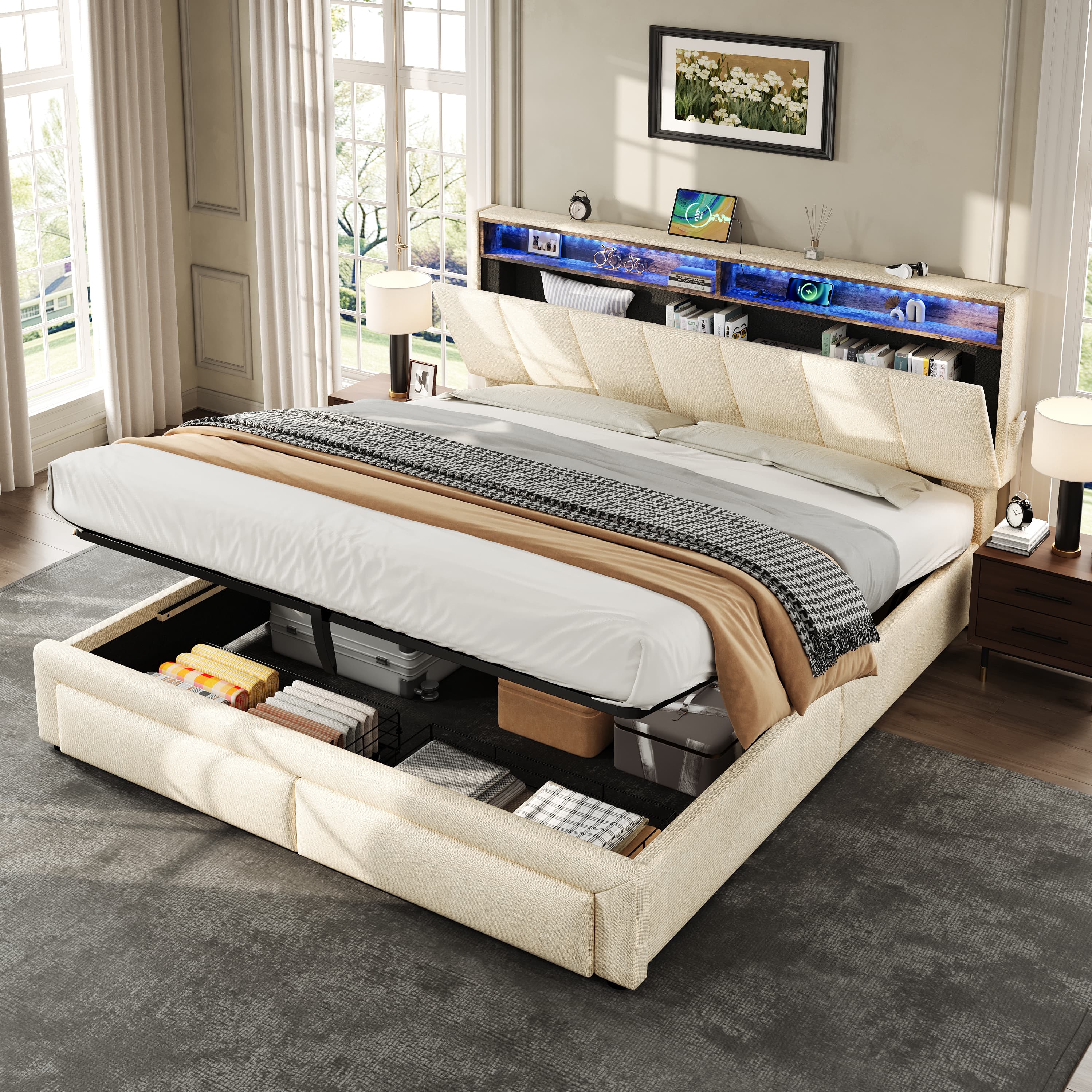 King Upholstered Bed with Hydraulic Storage, LEDs & Charging - image 3