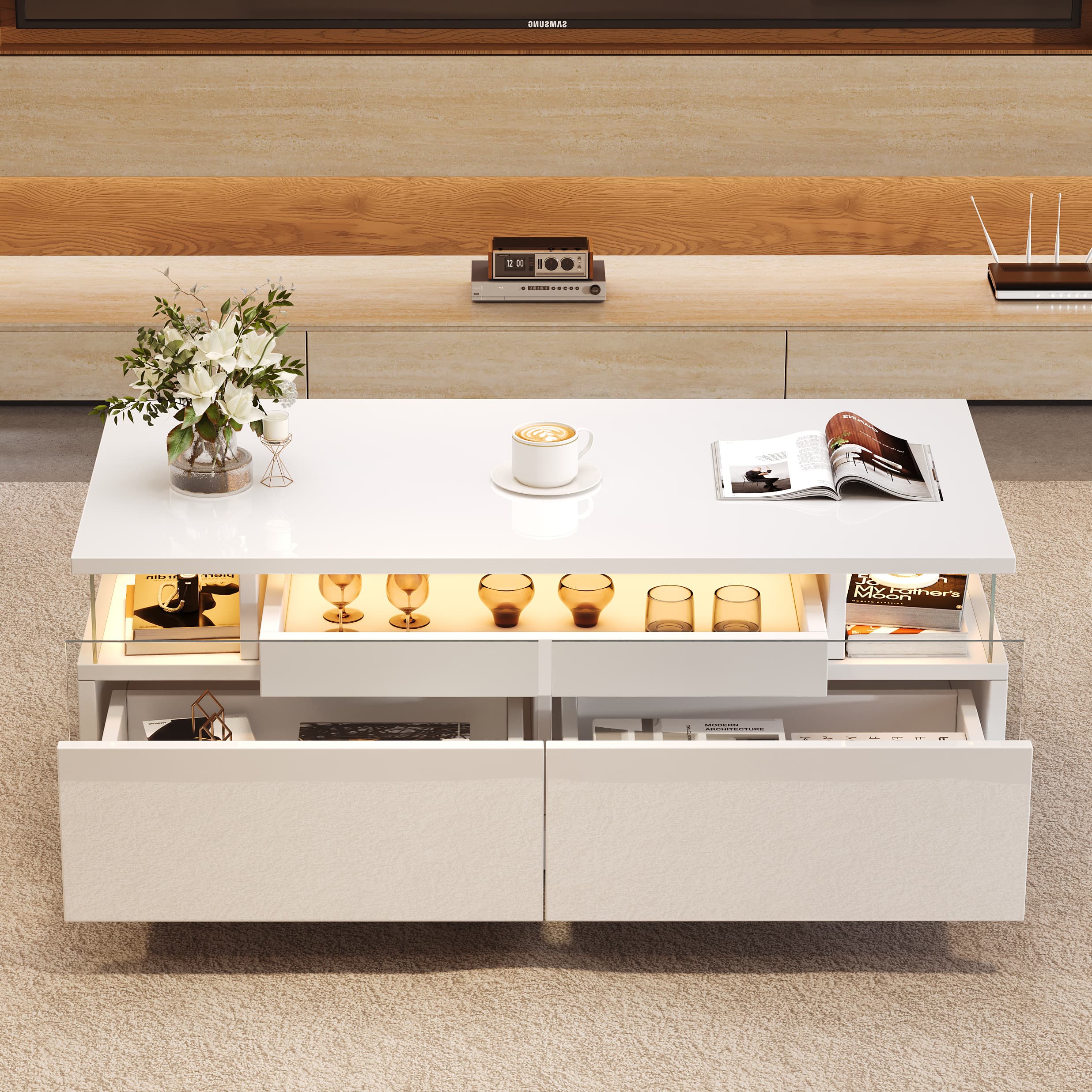 Modern High Gloss Coffee Table with LED Lighting & 2 Drawers - White